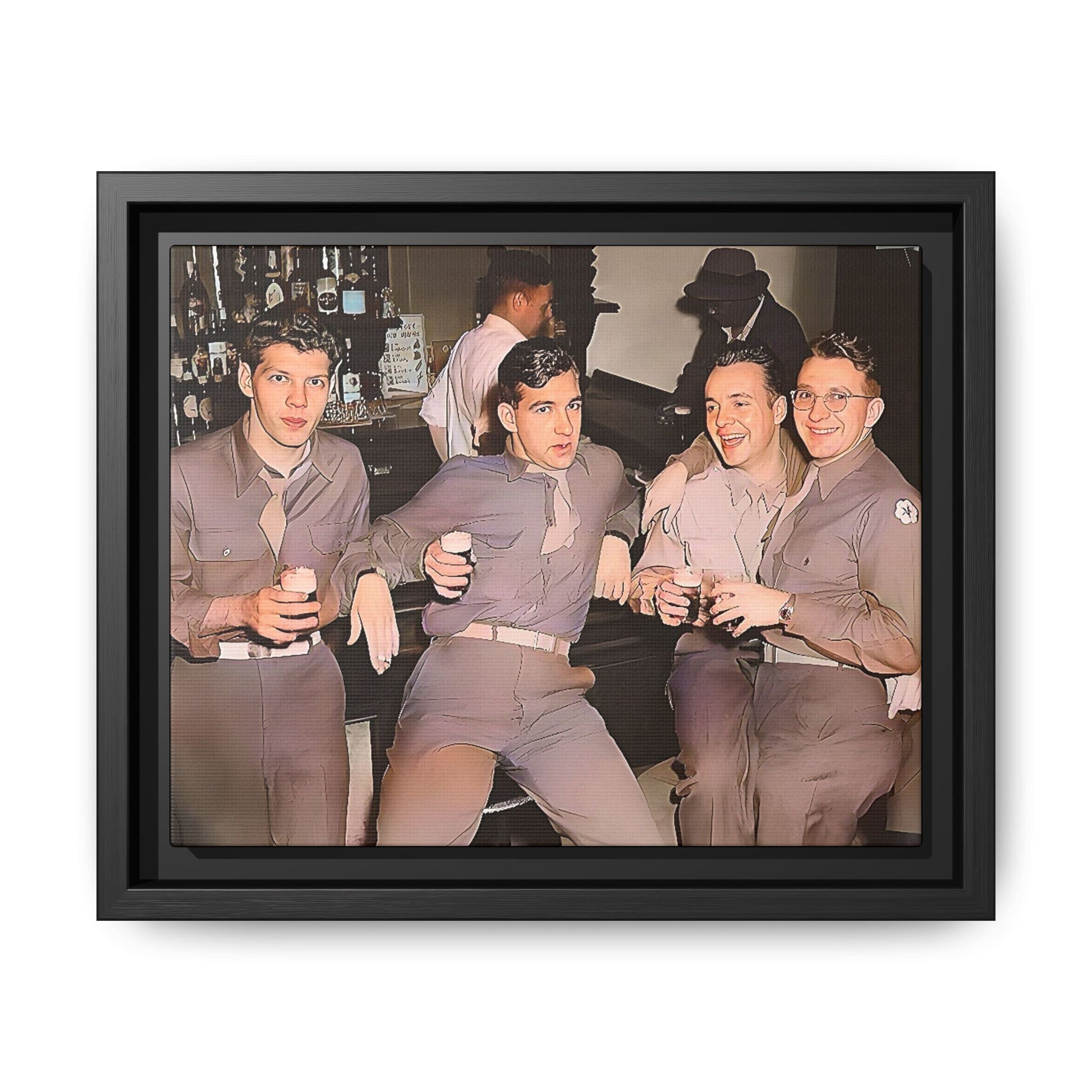 Restored vintage photograph of soldiers in uniform gathered at Jackson's gay bar in mid-20th century San Francisco. Framed matte canvas print celebrating camaraderie, resilience, and LGBTQ+ history