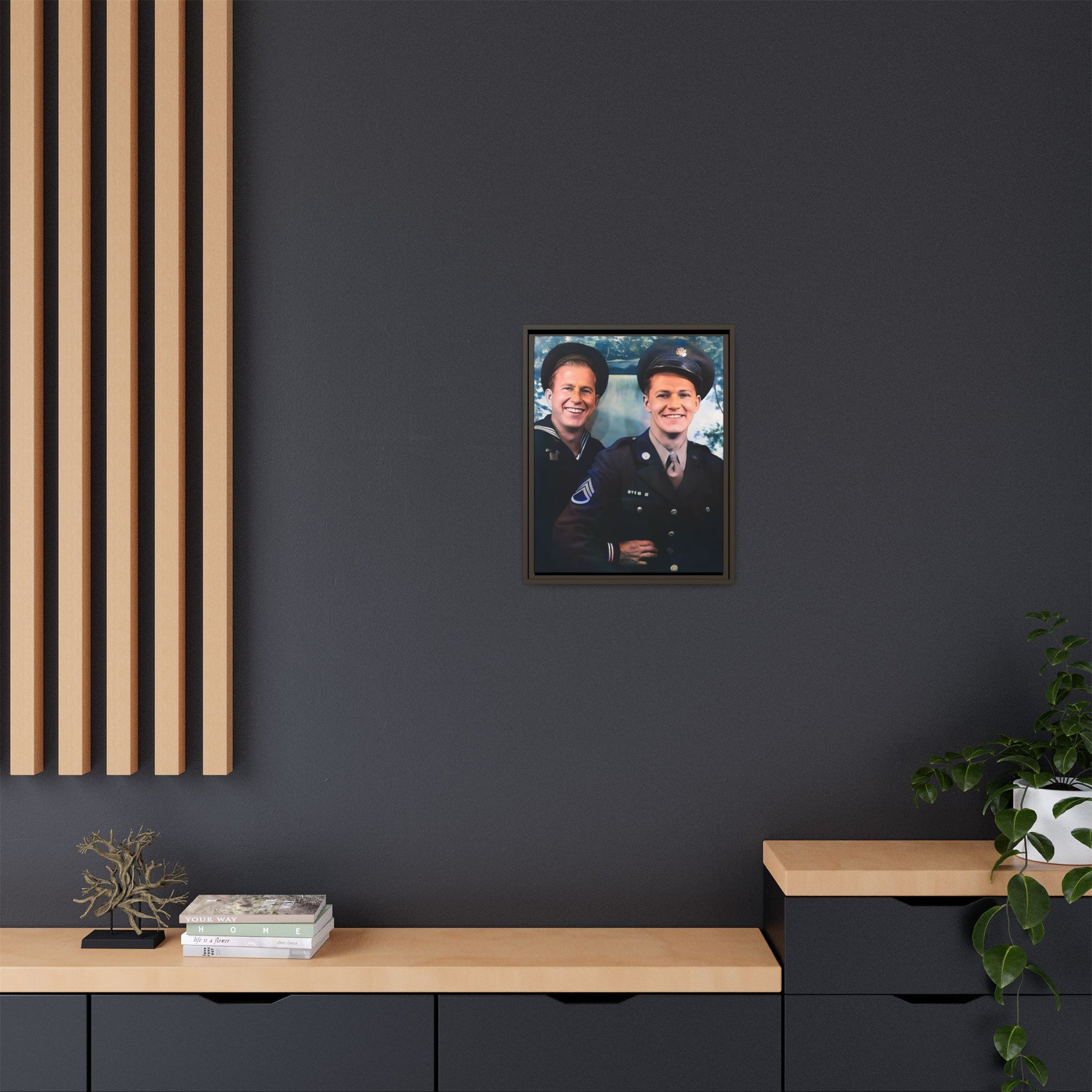 A framed vintage military portrait on matte canvas featuring a sailor and a soldier in Scapa Flow, Scotland, symbolizing service and camaraderie. Gay Couple