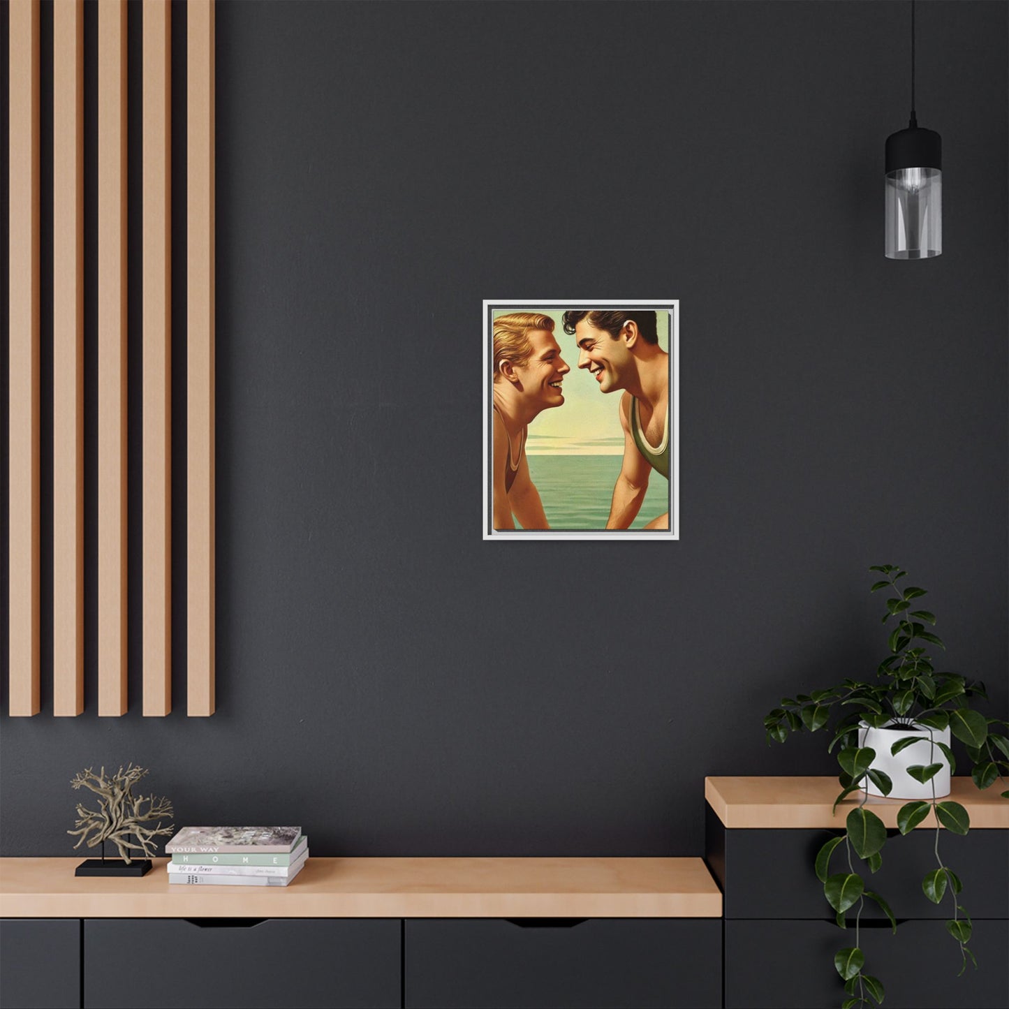 Vintage-style artwork of a joyful 1930s moment between a gay couple by the lake, dressed in classic swimwear and sharing warm smiles. Set on a serene wooden dock, this piece captures love, companionship, and LGBTQ+ history in an idyllic, nostalgic summer setting.