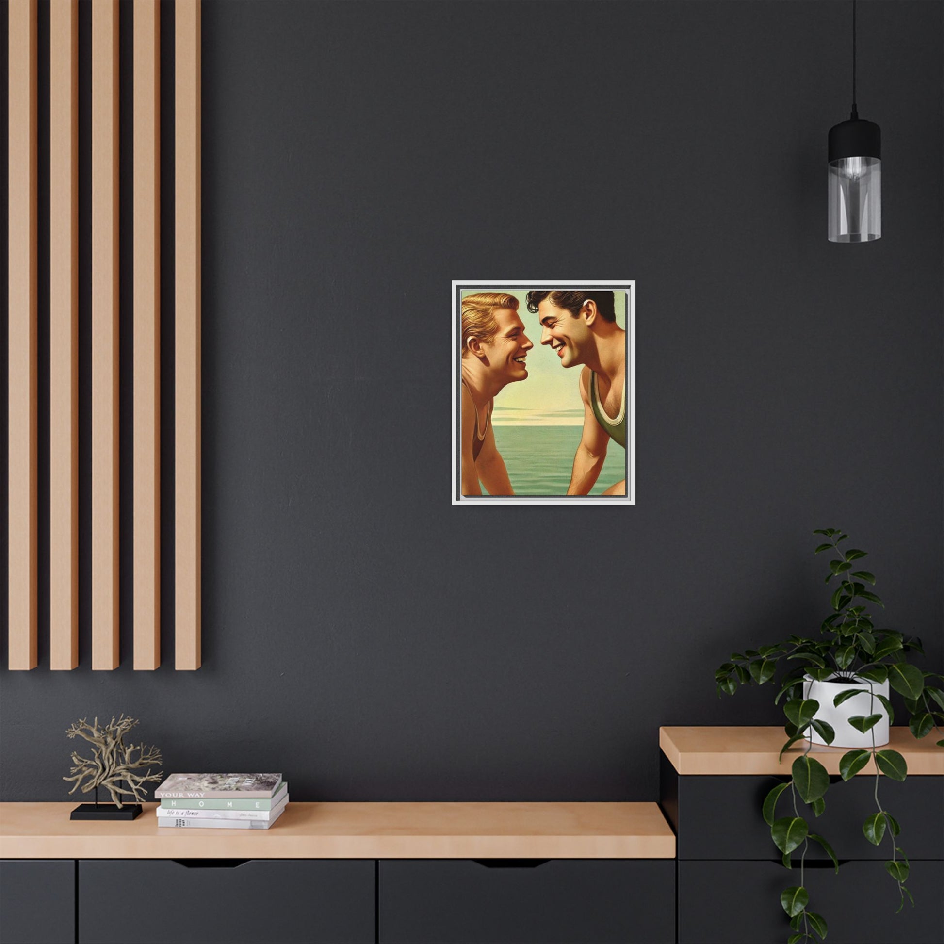 Vintage-style artwork of a joyful 1930s moment between a gay couple by the lake, dressed in classic swimwear and sharing warm smiles. Set on a serene wooden dock, this piece captures love, companionship, and LGBTQ+ history in an idyllic, nostalgic summer setting.