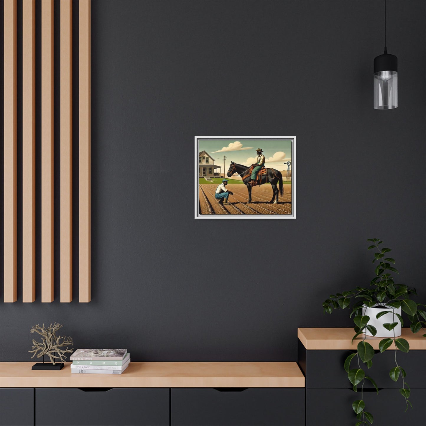 Artwork of an African American queer couple working together on a farm in a serene, vintage-inspired landscape. One man sits on horseback, gazing warmly at his partner, who examines the soil, symbolizing their partnership in both love and labor. The scene captures resilience, companionship, and the beauty of rural life.