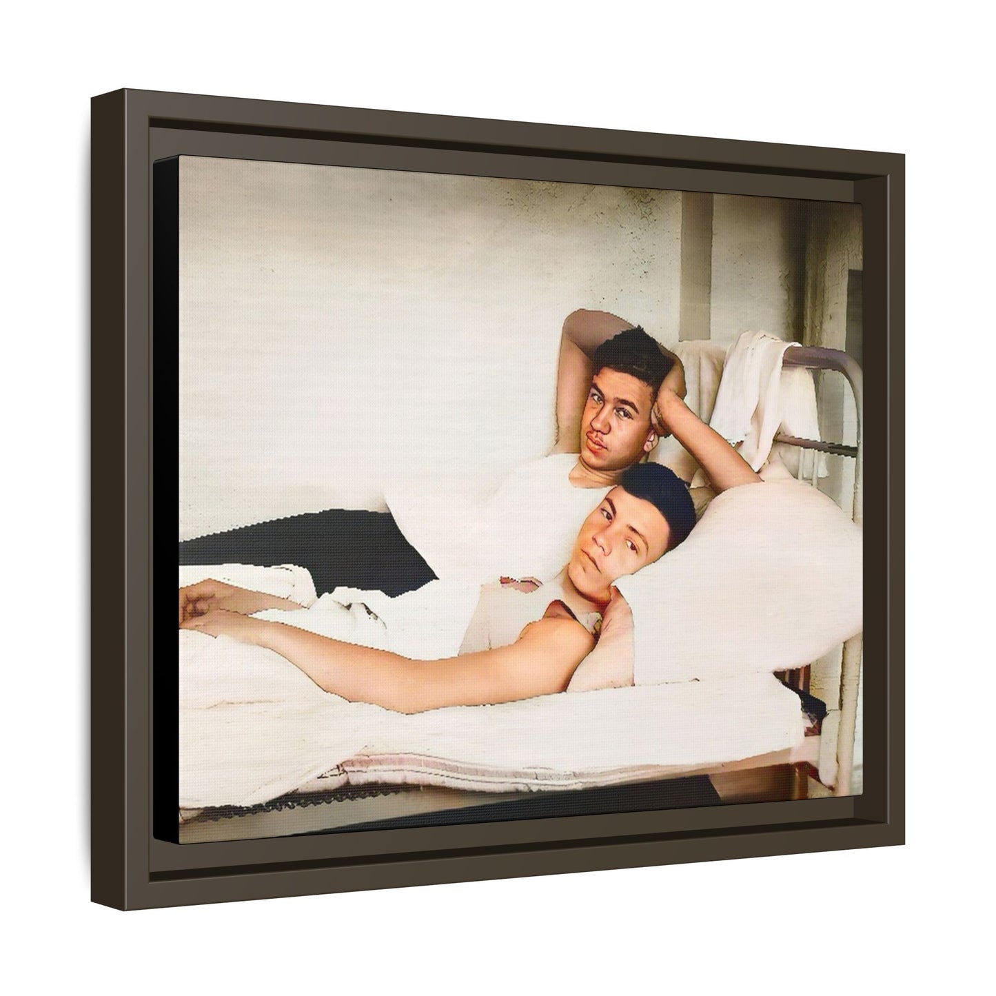 A vintage Gay couple portrait of Vernon & Jesse in Portland, Maine. This framed canvas print captures an intimate and heartfelt moment, making it a timeless addition to any home decor or a meaningful gift celebrating love and history.