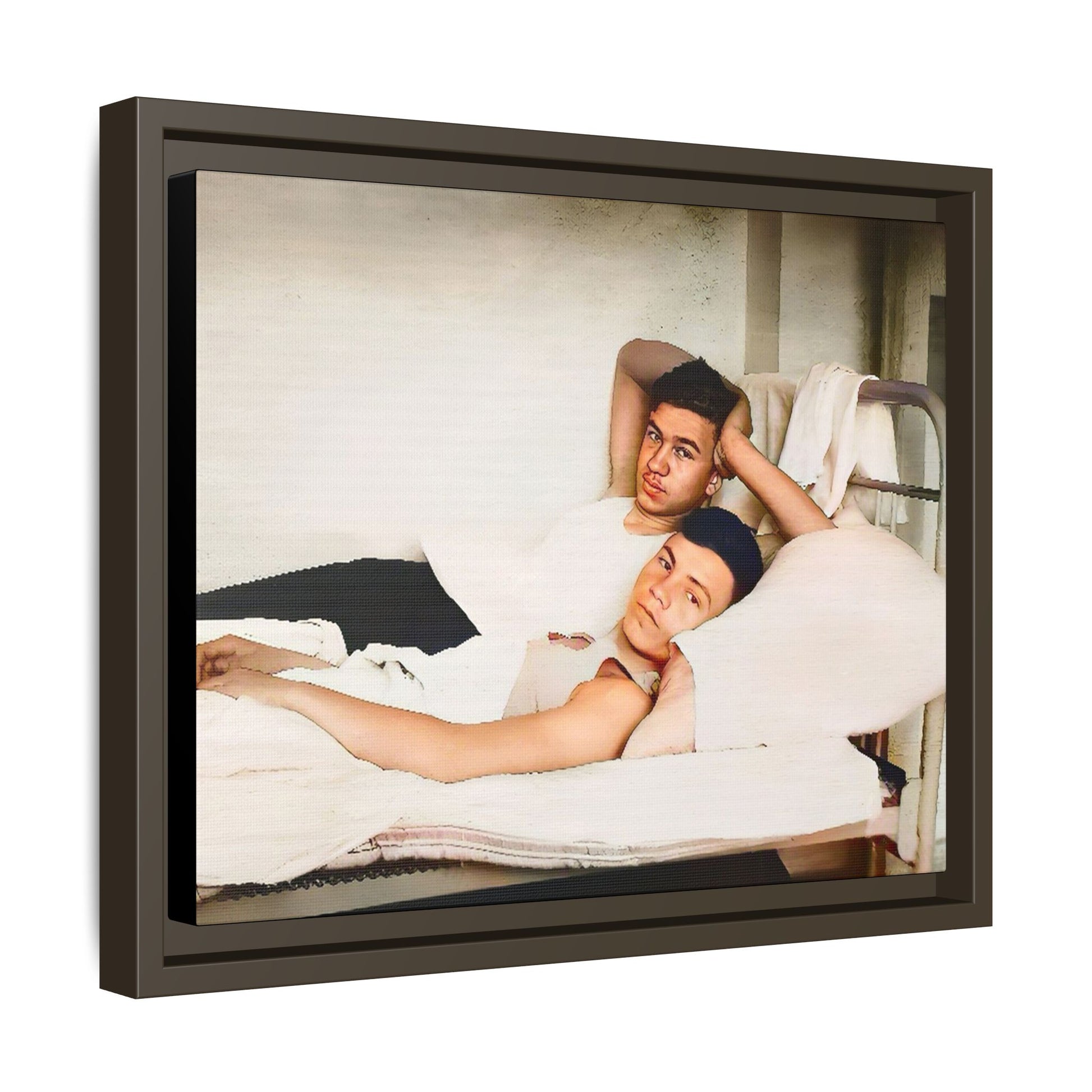 A vintage Gay couple portrait of Vernon & Jesse in Portland, Maine. This framed canvas print captures an intimate and heartfelt moment, making it a timeless addition to any home decor or a meaningful gift celebrating love and history.
