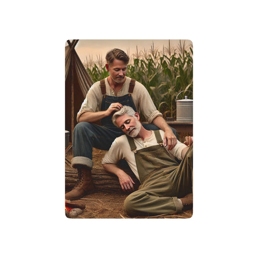 Missing Grant Series Poker Cards featuring two farmhands in a tender moment, celebrating hidden queer rural love. Father's Day Two Dads