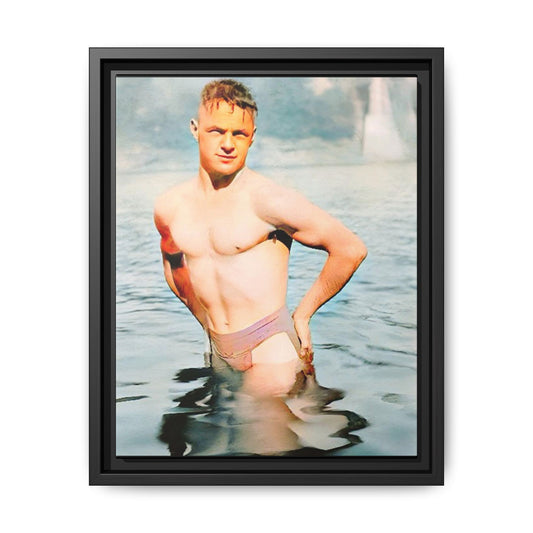 Restored 1940s vintage photo of Lewis standing waist-deep in Lake Wawasee, Indiana, radiating confidence and vitality, framed as wall art.