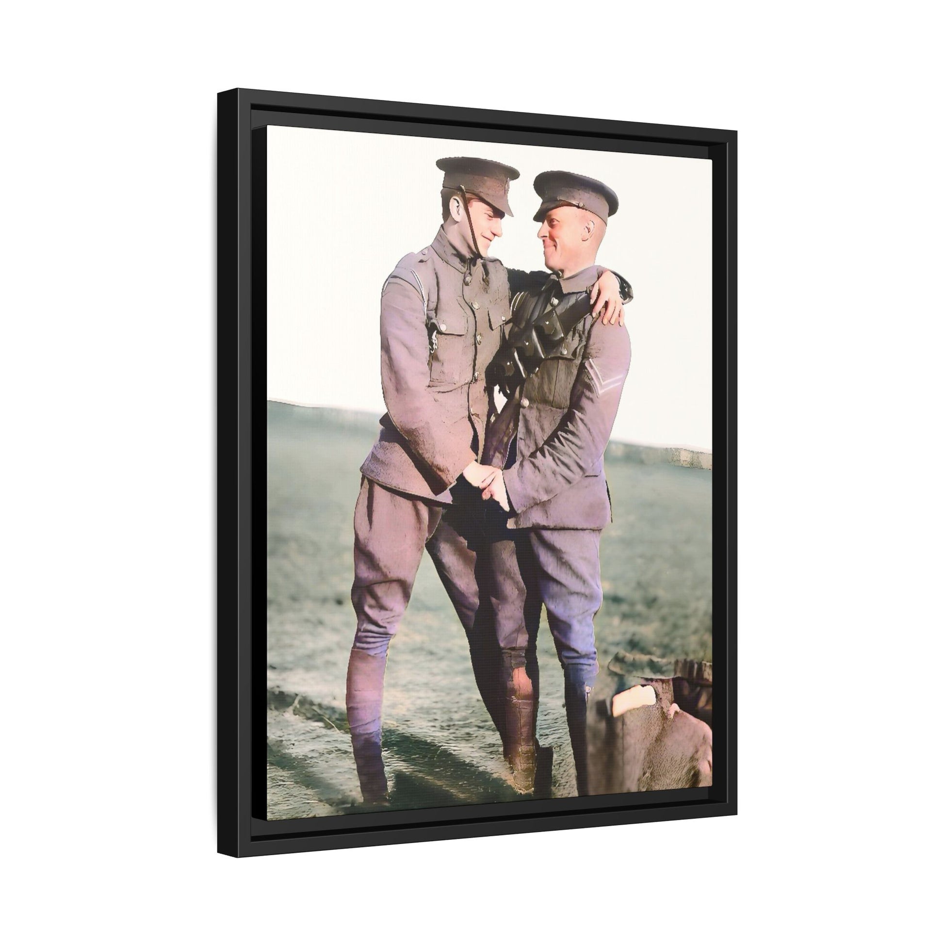 A restored vintage military portrait of Lee & Clifford, soldiers in the Battle of Amiens. This framed matte canvas honors LGBTQ+ history, resilience, and love in wartime.