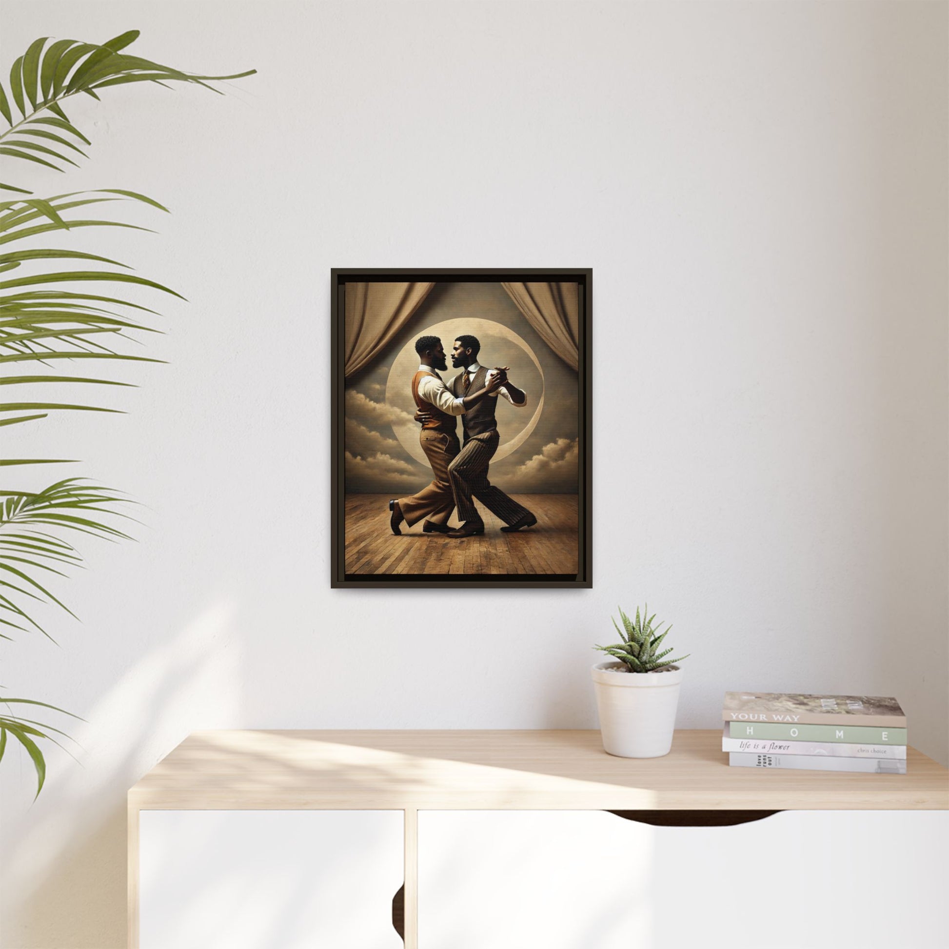 Original artwork of two Black men ballroom dancing in vintage 1920s suits under a glowing moon backdrop. A romantic and powerful tribute to queer love and Black history that reclaims moments lost to systemic bias and cultural erasure.
