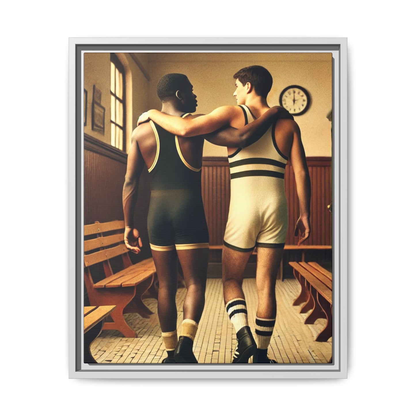 Vintage-style portrait of two young male wrestlers walking arm-in-arm down a tiled locker room hallway. One is Black and wearing a dark singlet with gold trim, the other is white and dressed in a cream singlet with green stripes. Their embrace is casual yet intimate, capturing a tender moment of camaraderie and quiet affection. Grant Wood tribute.