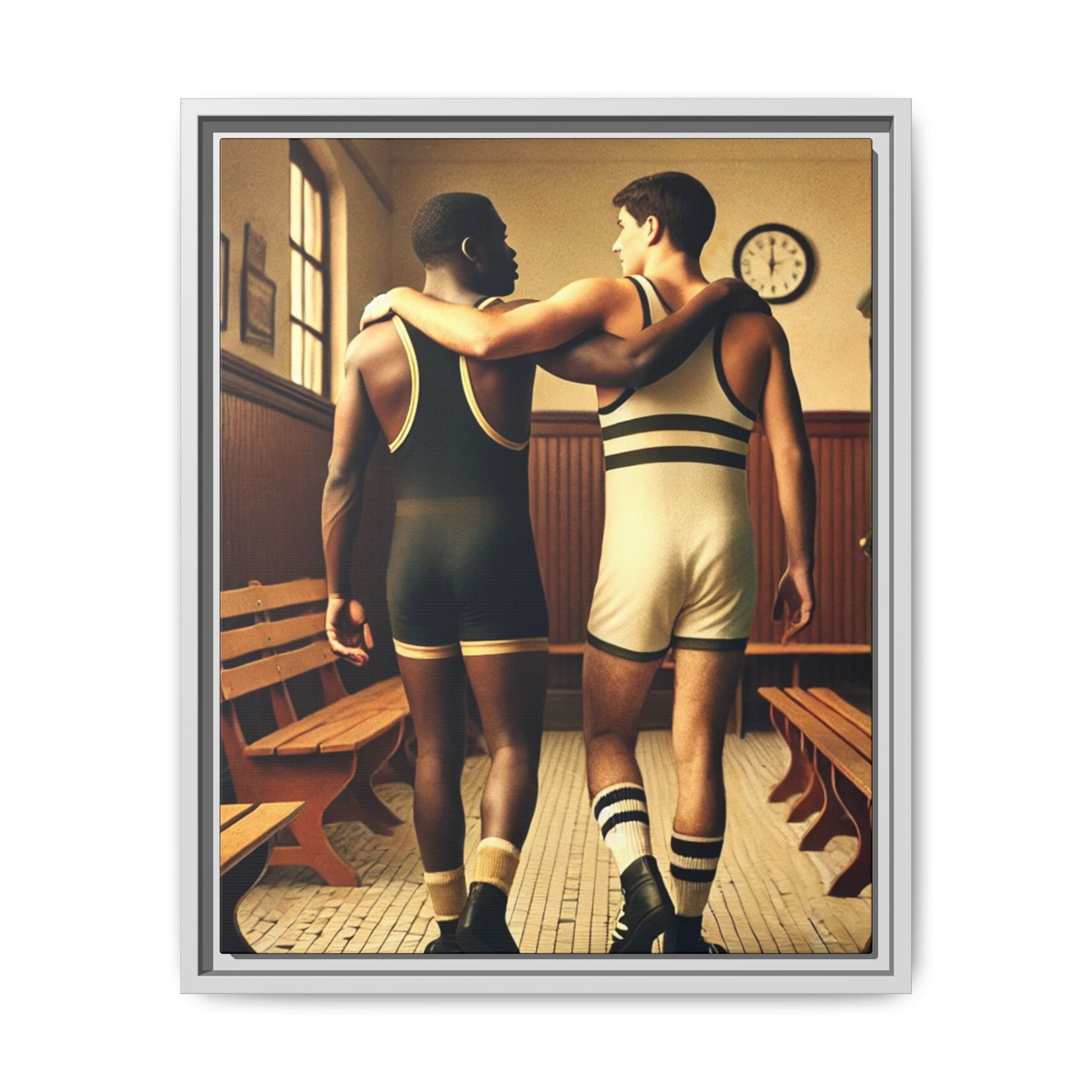 Vintage-style portrait of two young male wrestlers walking arm-in-arm down a tiled locker room hallway. One is Black and wearing a dark singlet with gold trim, the other is white and dressed in a cream singlet with green stripes. Their embrace is casual yet intimate, capturing a tender moment of camaraderie and quiet affection. Grant Wood tribute.