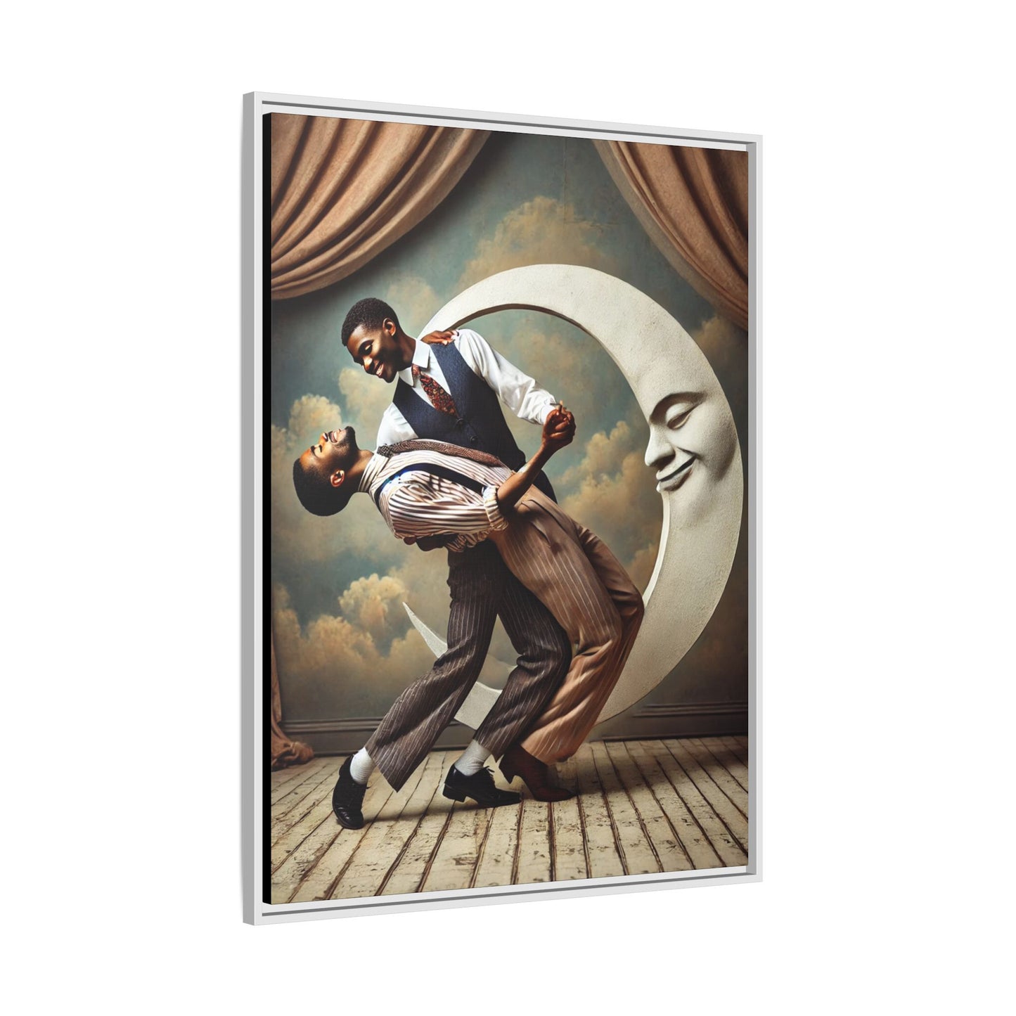 Framed artwork of two Black men in vintage suits dancing tenderly beneath a crescent moon with a smiling face. A romantic 1920s-inspired scene with velvet curtains and a painted sky backdrop. Part of a collection reclaiming lost queer Black history and art.