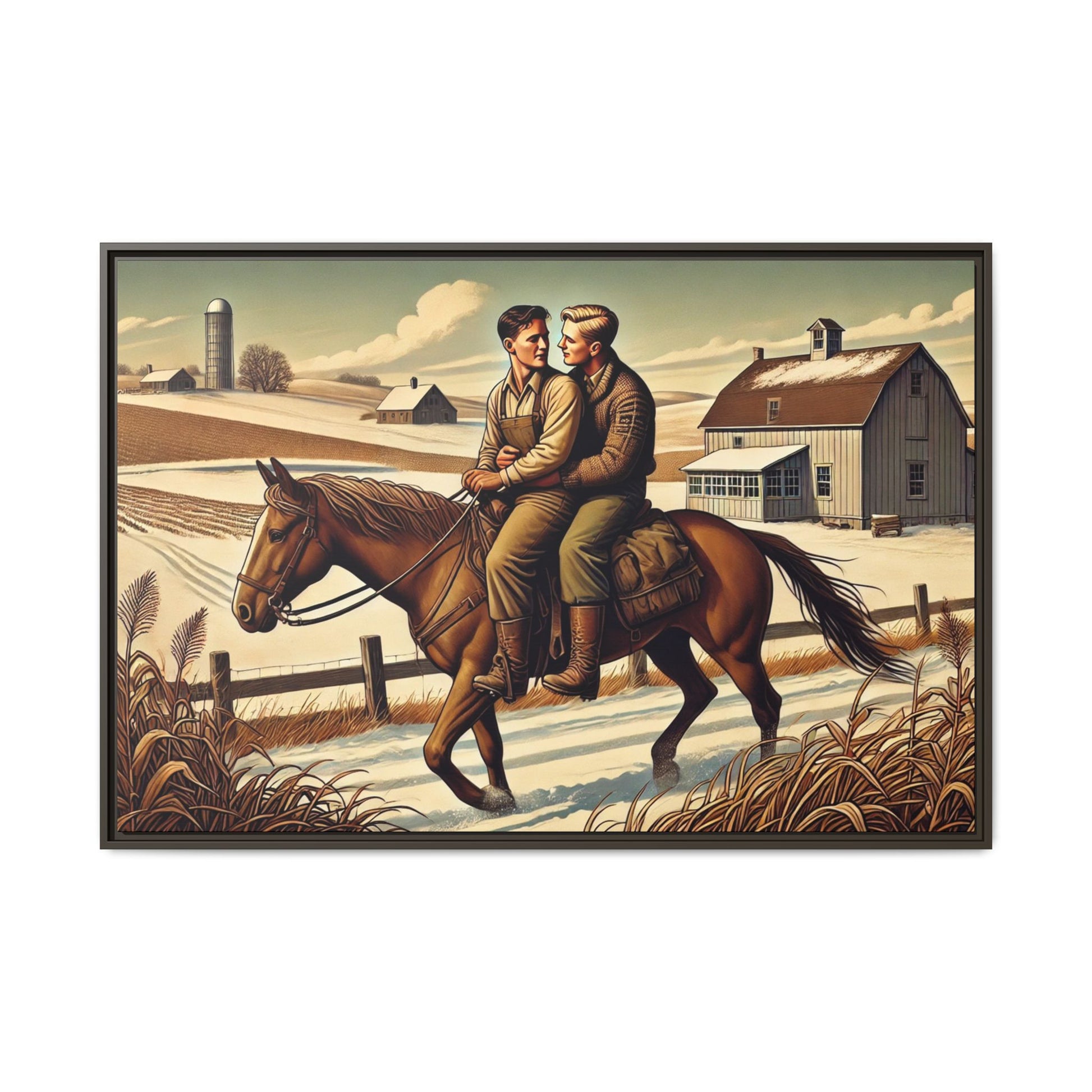 Artwork of a gay couple sharing a tender moment while seated together on a single horse in a snowy, rural Midwestern landscape. Dressed in early 20th-century attire, the men gaze at each other warmly, capturing love, resilience, and companionship in a serene 1930s-inspired American scene