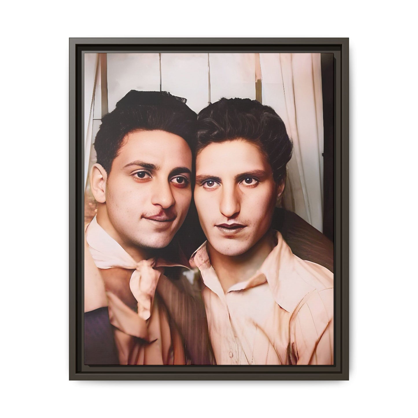 A framed vintage photo booth portrait on matte canvas featuring Juan and Lawrence in Santa Monica, California, capturing timeless LGBTQ+ love and companionship. Gay Couple