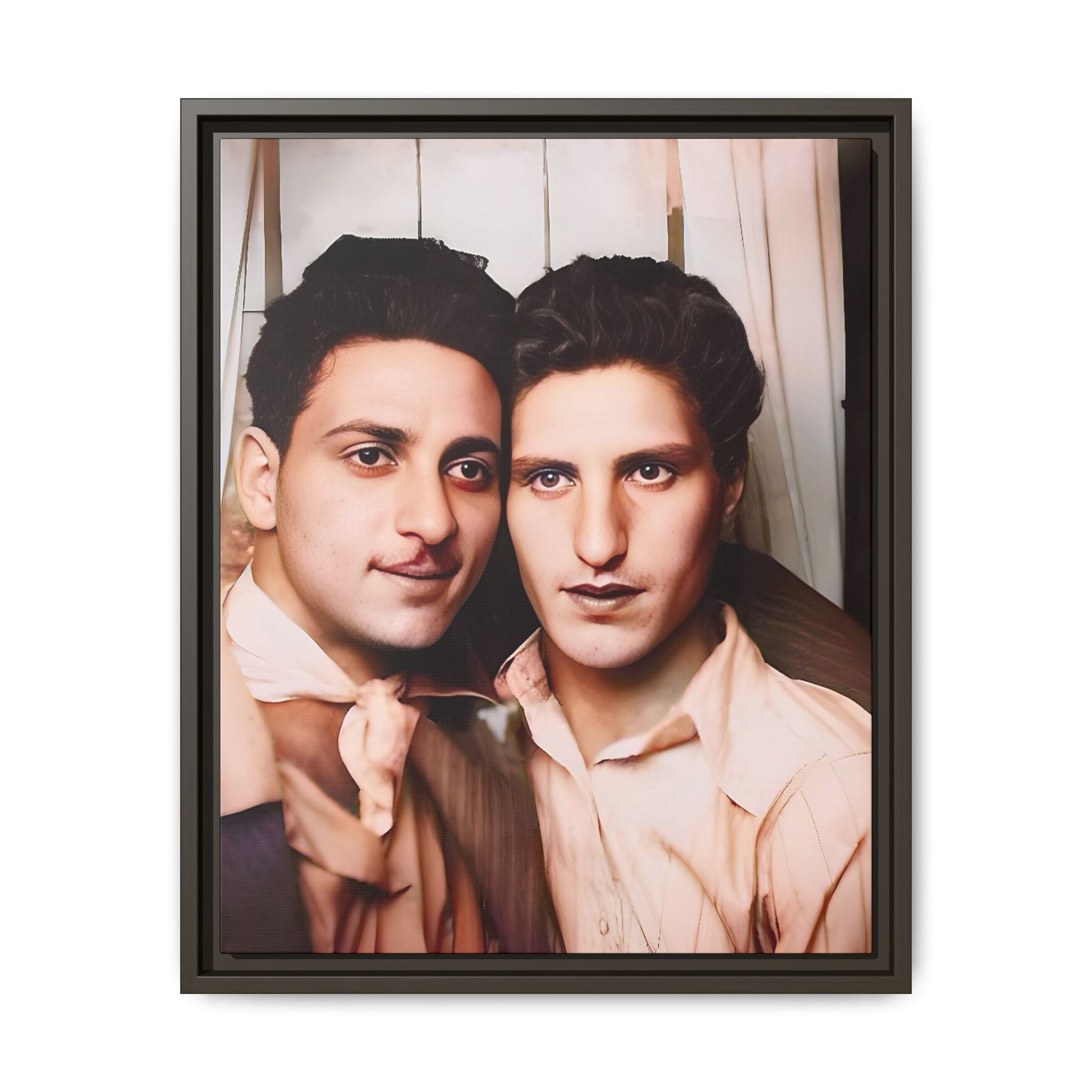 A framed vintage photo booth portrait on matte canvas featuring Juan and Lawrence in Santa Monica, California, capturing timeless LGBTQ+ love and companionship. Gay Couple
