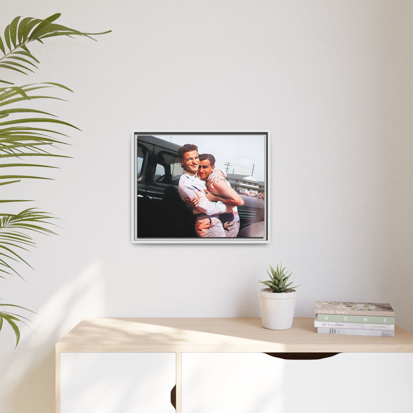 A framed vintage love portrait on matte canvas featuring Henry and Raymond in Peoria, Illinois, capturing timeless LGBTQ+ connection and joy. Gay Couple