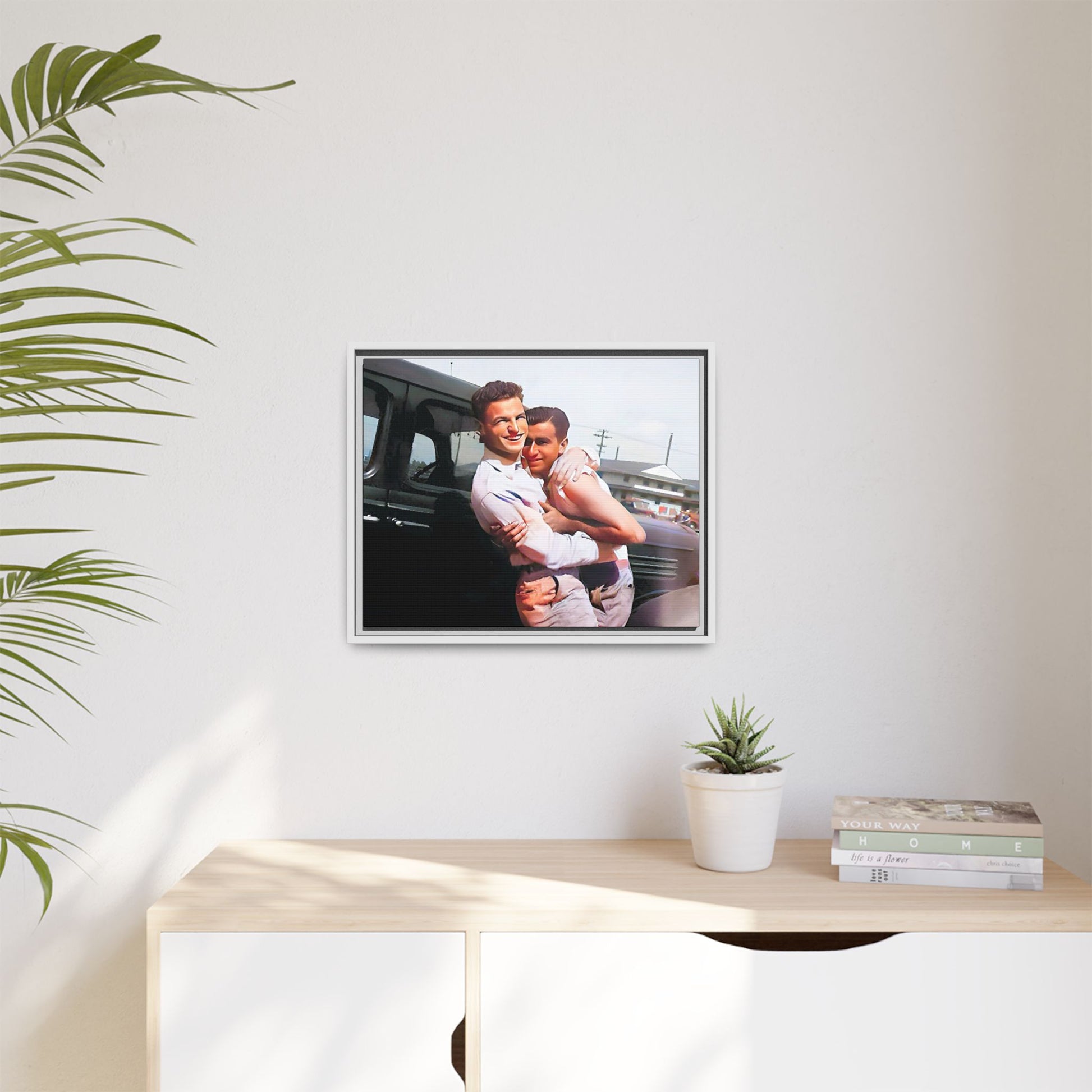 A framed vintage love portrait on matte canvas featuring Henry and Raymond in Peoria, Illinois, capturing timeless LGBTQ+ connection and joy. Gay Couple