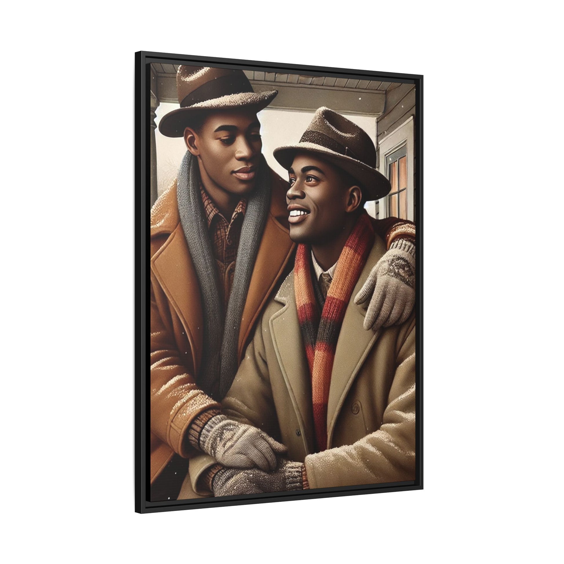 Artwork of an African-American gay couple sharing a cozy winter moment on a porch. Dressed in vintage winter attire with fedoras, scarves, and warm coats, they exchange affectionate gazes amidst softly falling snow, capturing love, warmth, and intimacy in a nostalgic winter setting.