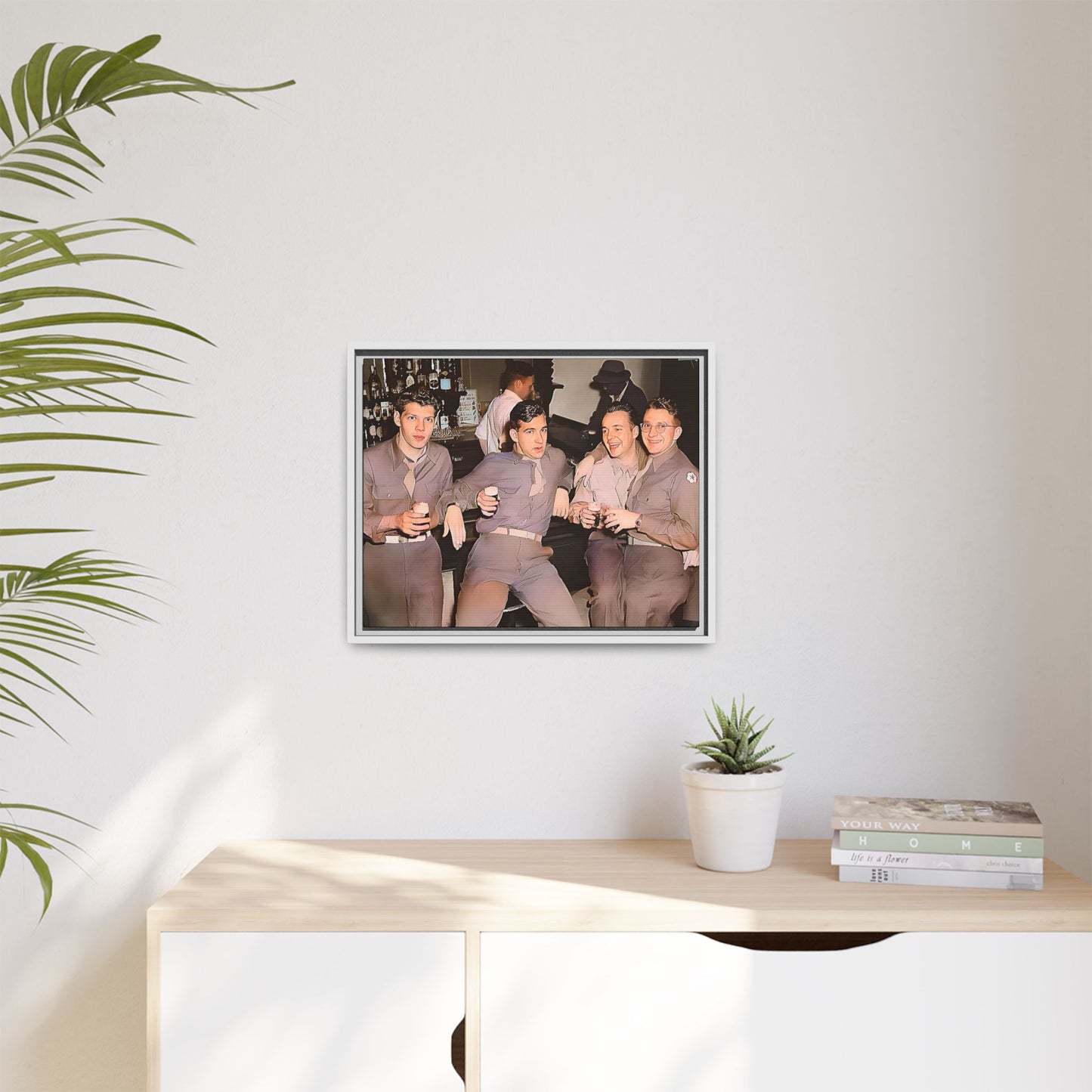 Restored vintage photograph of soldiers in uniform gathered at Jackson's gay bar in mid-20th century San Francisco. Framed matte canvas print celebrating camaraderie, resilience, and LGBTQ+ history
