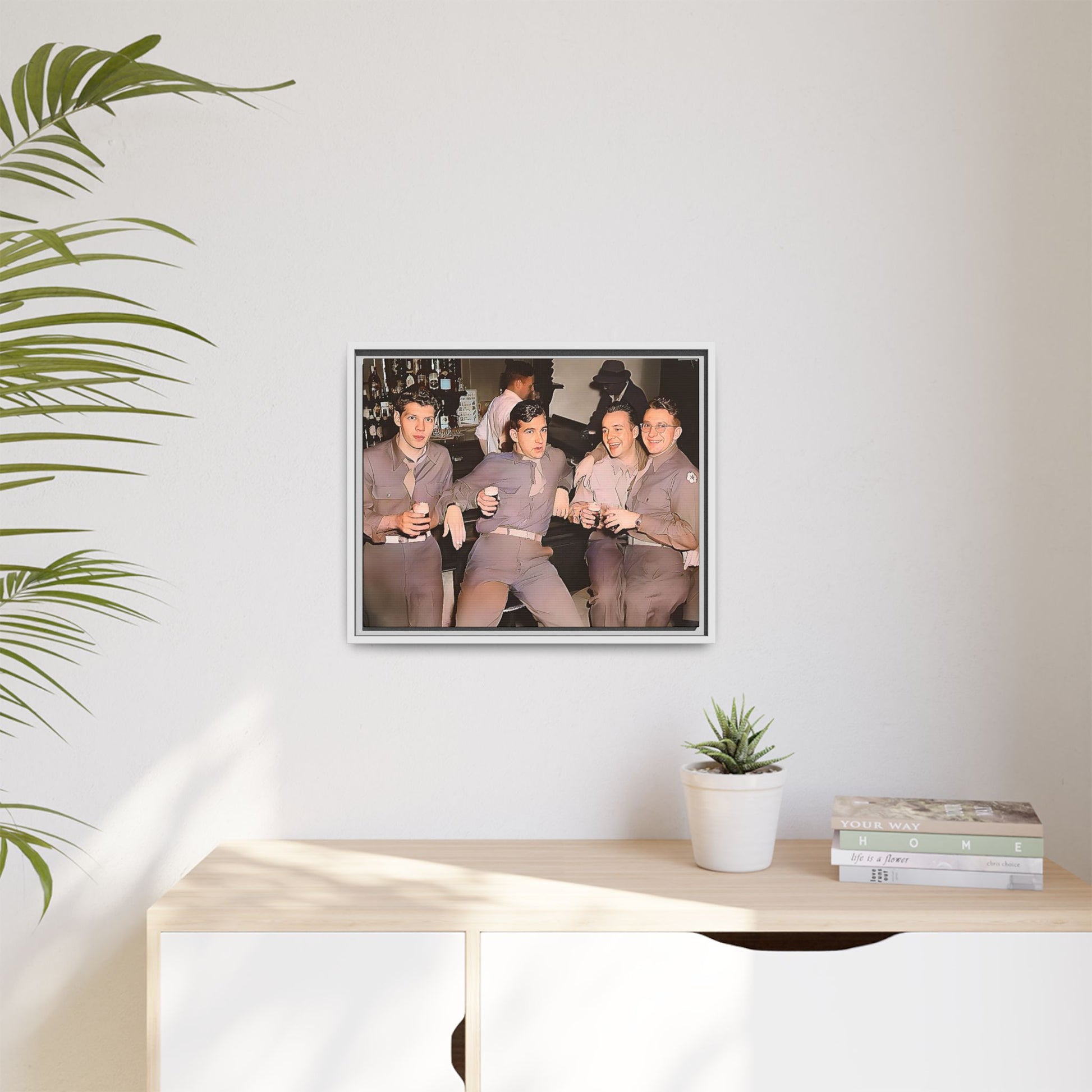 Restored vintage photograph of soldiers in uniform gathered at Jackson's gay bar in mid-20th century San Francisco. Framed matte canvas print celebrating camaraderie, resilience, and LGBTQ+ history