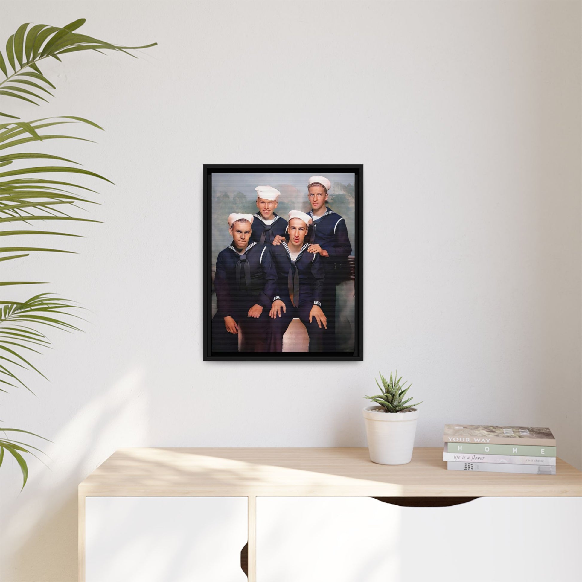 A framed vintage naval portrait on matte canvas featuring four sailors at Naval Station Great Lakes, capturing unity, service, and military pride.