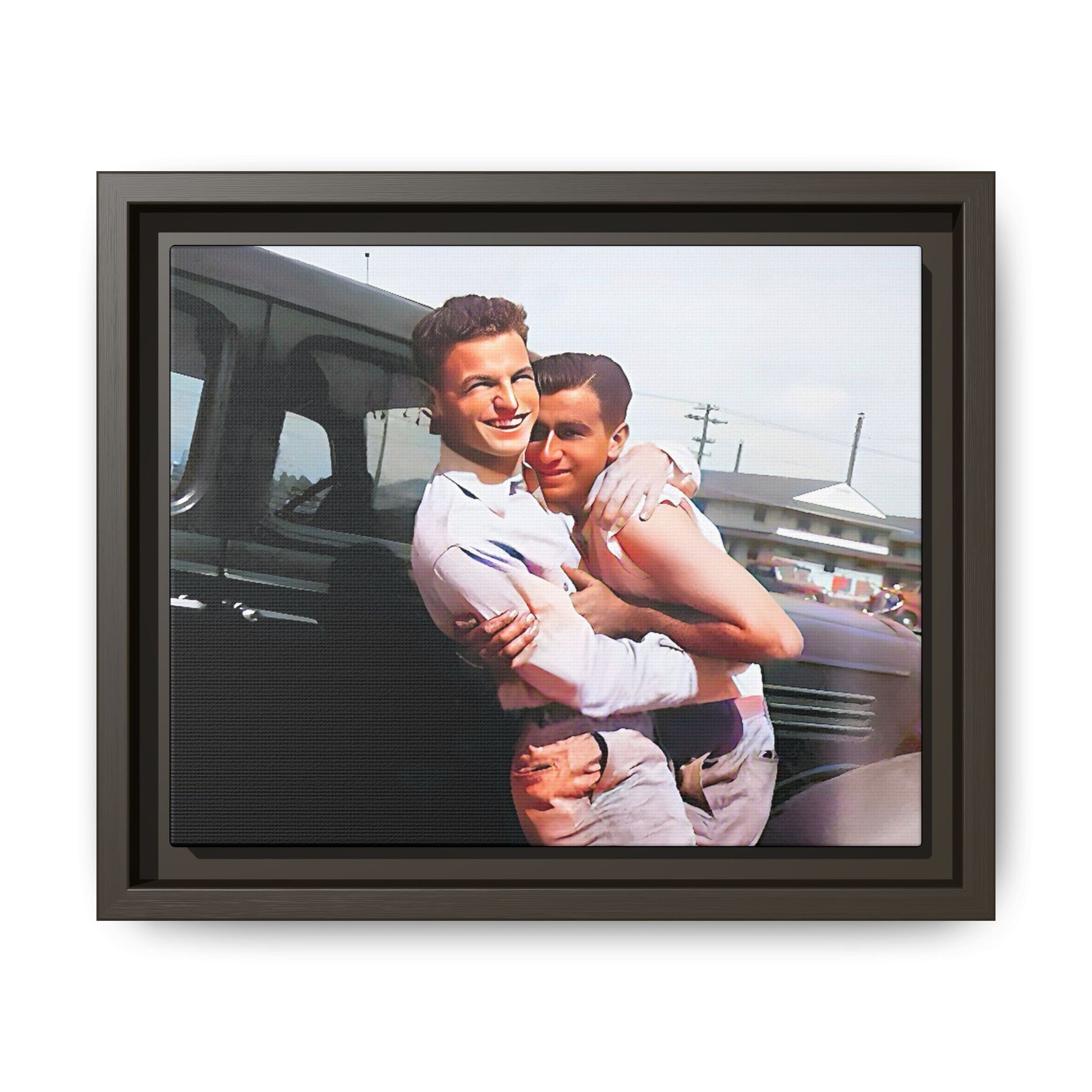 A framed vintage love portrait on matte canvas featuring Henry and Raymond in Peoria, Illinois, capturing timeless LGBTQ+ connection and joy. Gay Couple