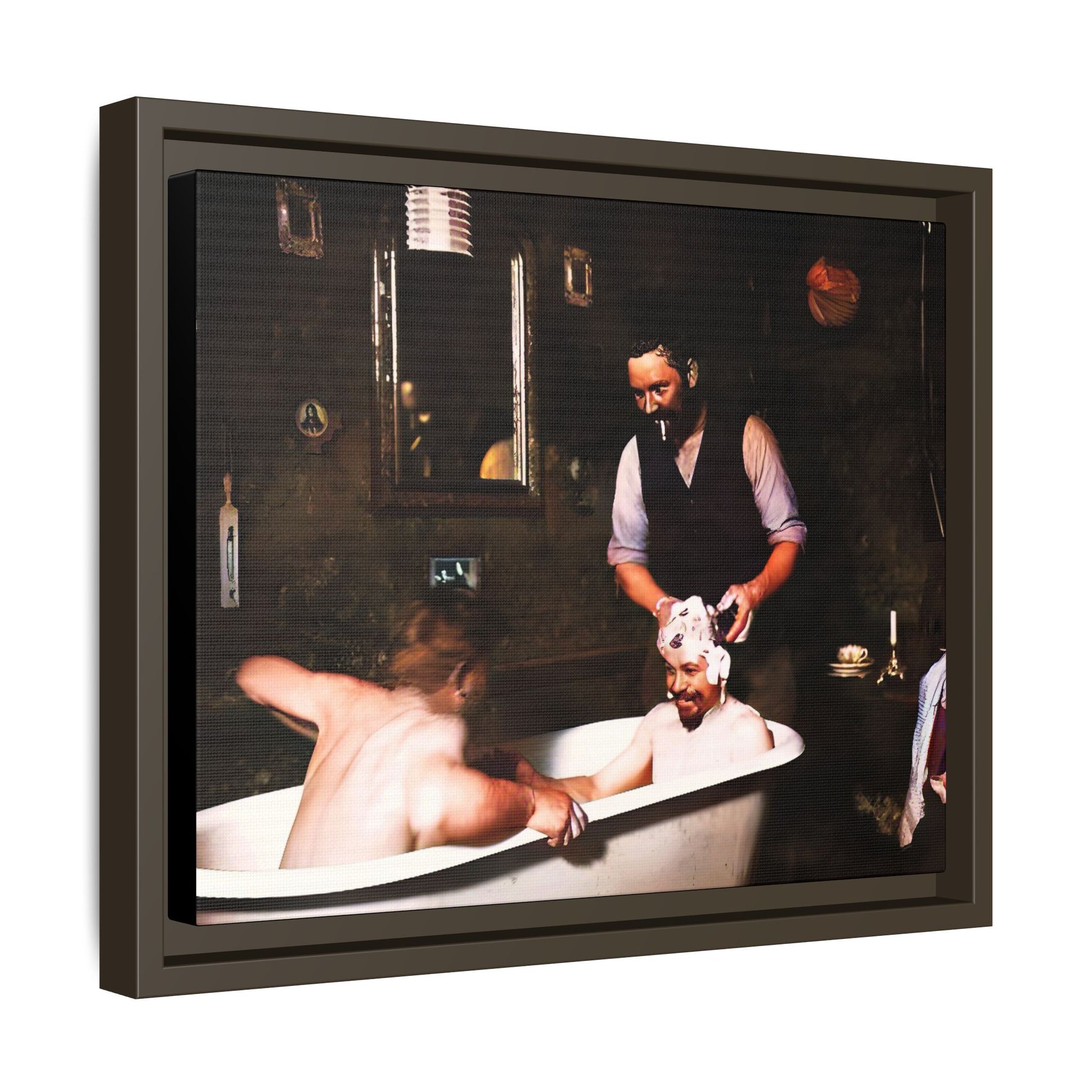 Restored vintage photo of camaraderie at Walsh Depot, Battle Mountain, NV, featuring a clawfoot tub, and framed canvas art. Naked Men in the bathtub. Gay Bears