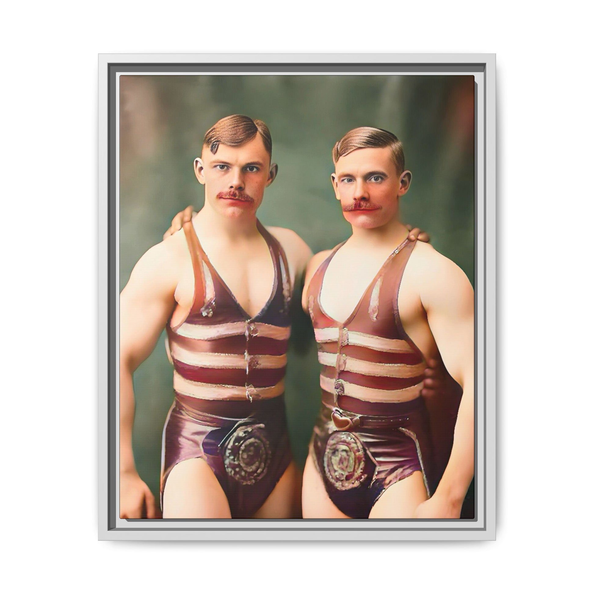 Restored early 1900s vintage photograph of Oscar and Herman in Pittsburgh, Pennsylvania, wearing striped singlets. Framed matte canvas art celebrating love, strength, and LGBTQ+ history. Gay Circus Couple Performers