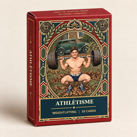 Athlétisme Original Weightlifting red tuck box beside an illustrated card face and the shared weightlifting card back.