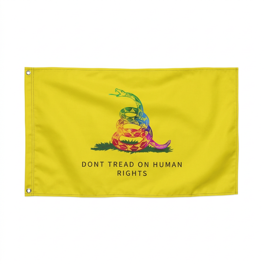 Rainbow Gadsden-style human rights flag on yellow background, 3x5 double-sided outdoor flag with coiled rainbow snake