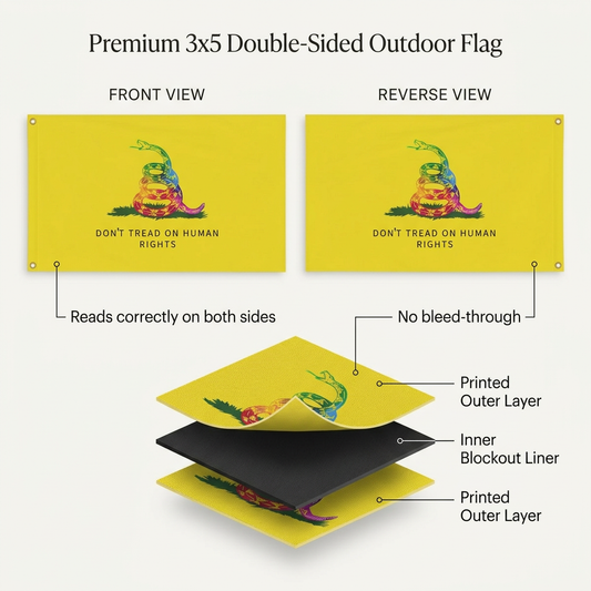 Human rights rainbow snake flag displayed on a front porch flagpole outside a modern home