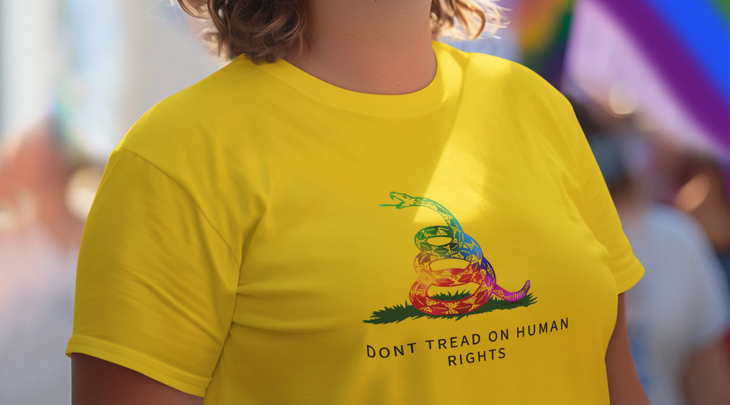 Don’t Tread on Human Rights graphic t-shirt featuring a bold protest design advocating LGBTQ+ equality and human rights
