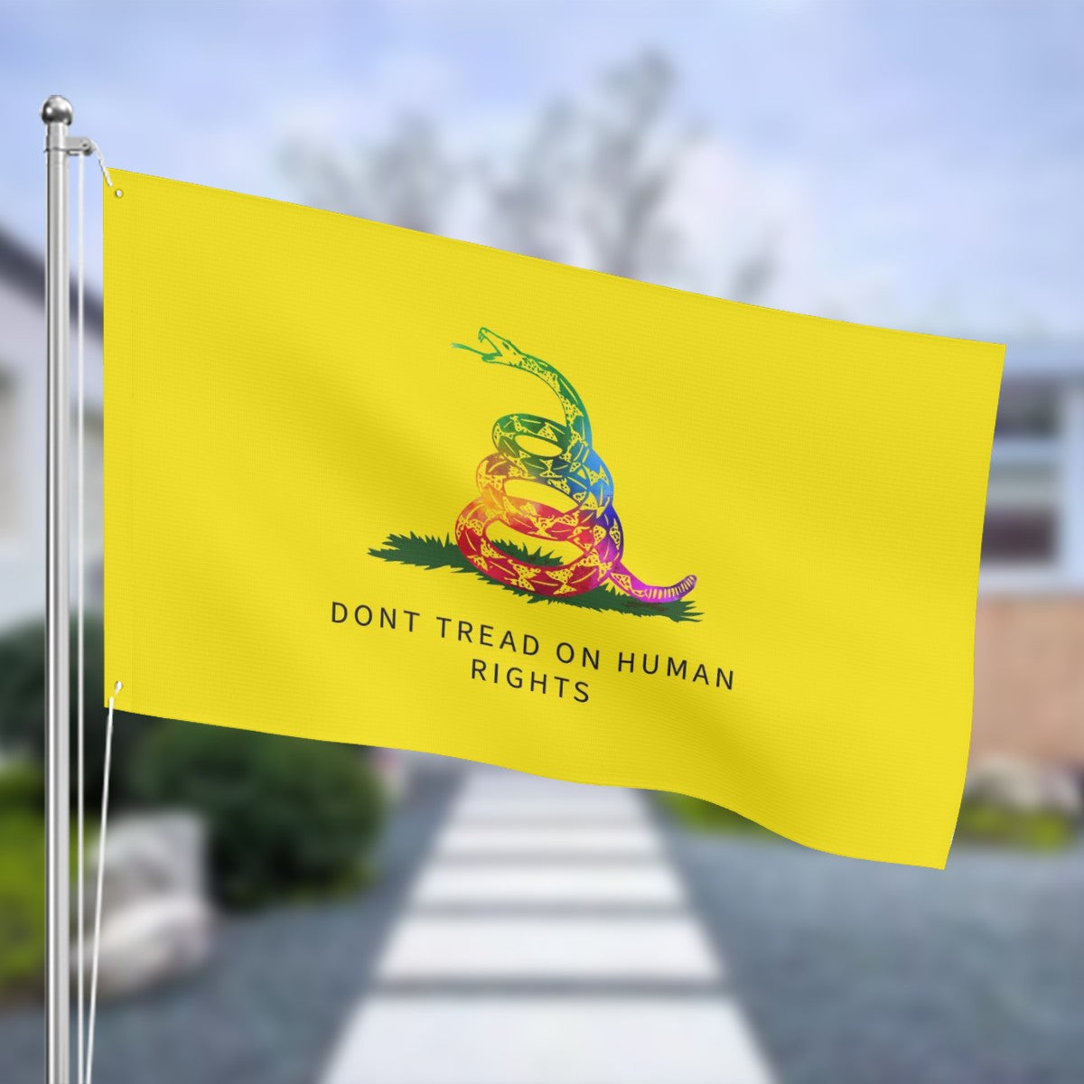Rainbow “Don’t Tread on Human Rights” Flag – LGBTQ+ Gadsden Protest Banner | 3x5 Double-Sided