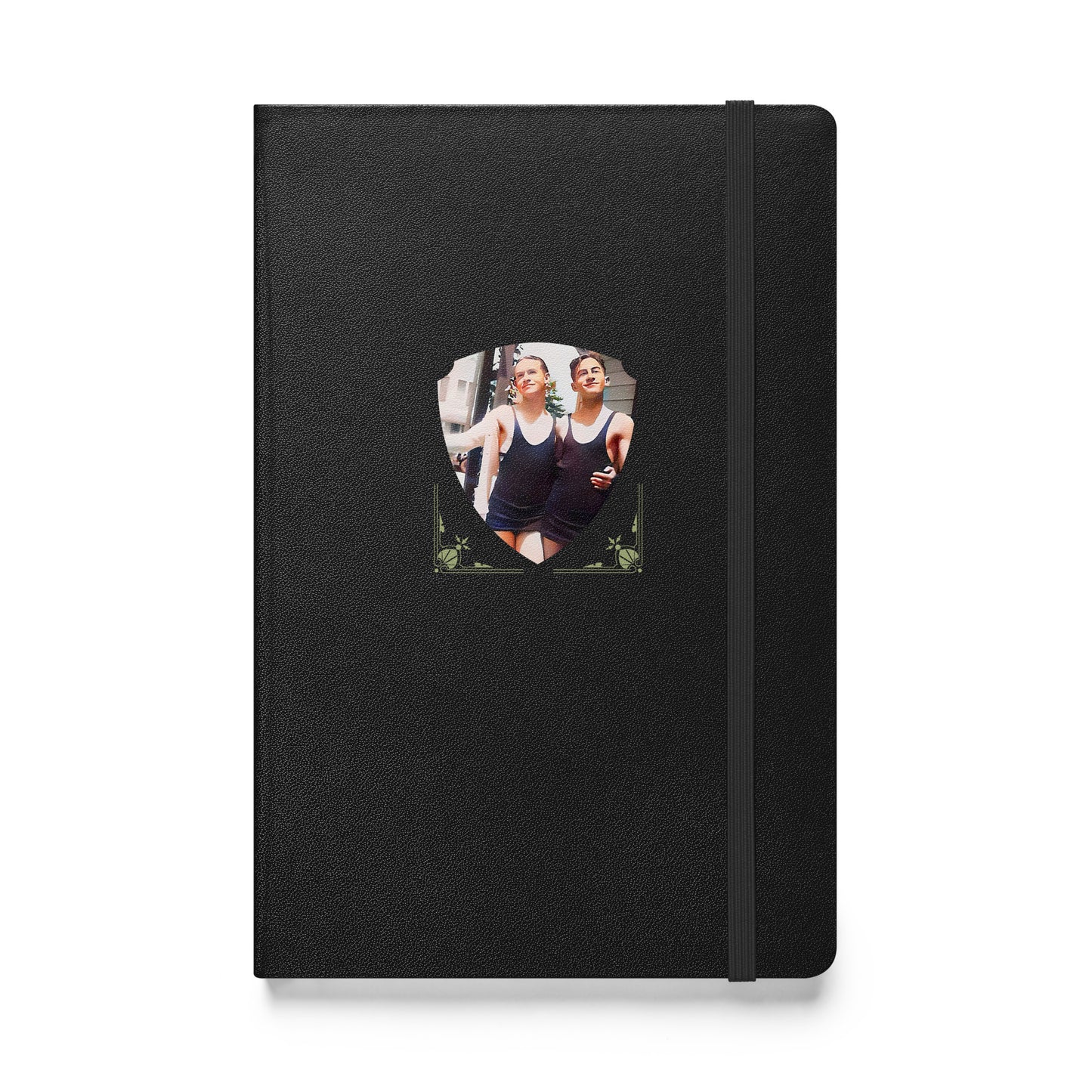 Black hardcover journal featuring a vintage 1920s photo of a gay couple in swimsuits walking arm in arm.