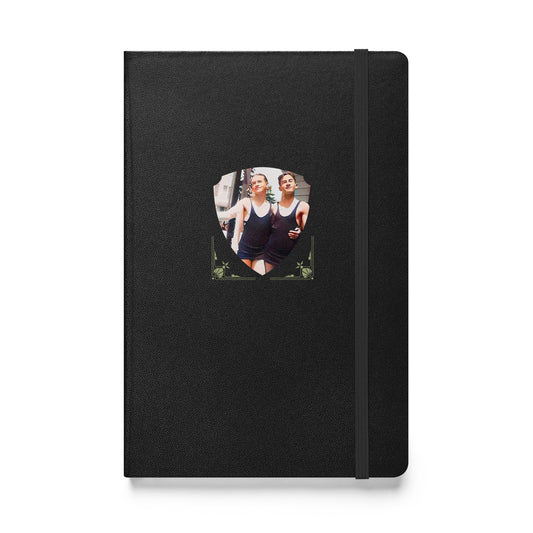 Black hardcover journal featuring a vintage 1920s photo of a gay couple in swimsuits walking arm in arm.