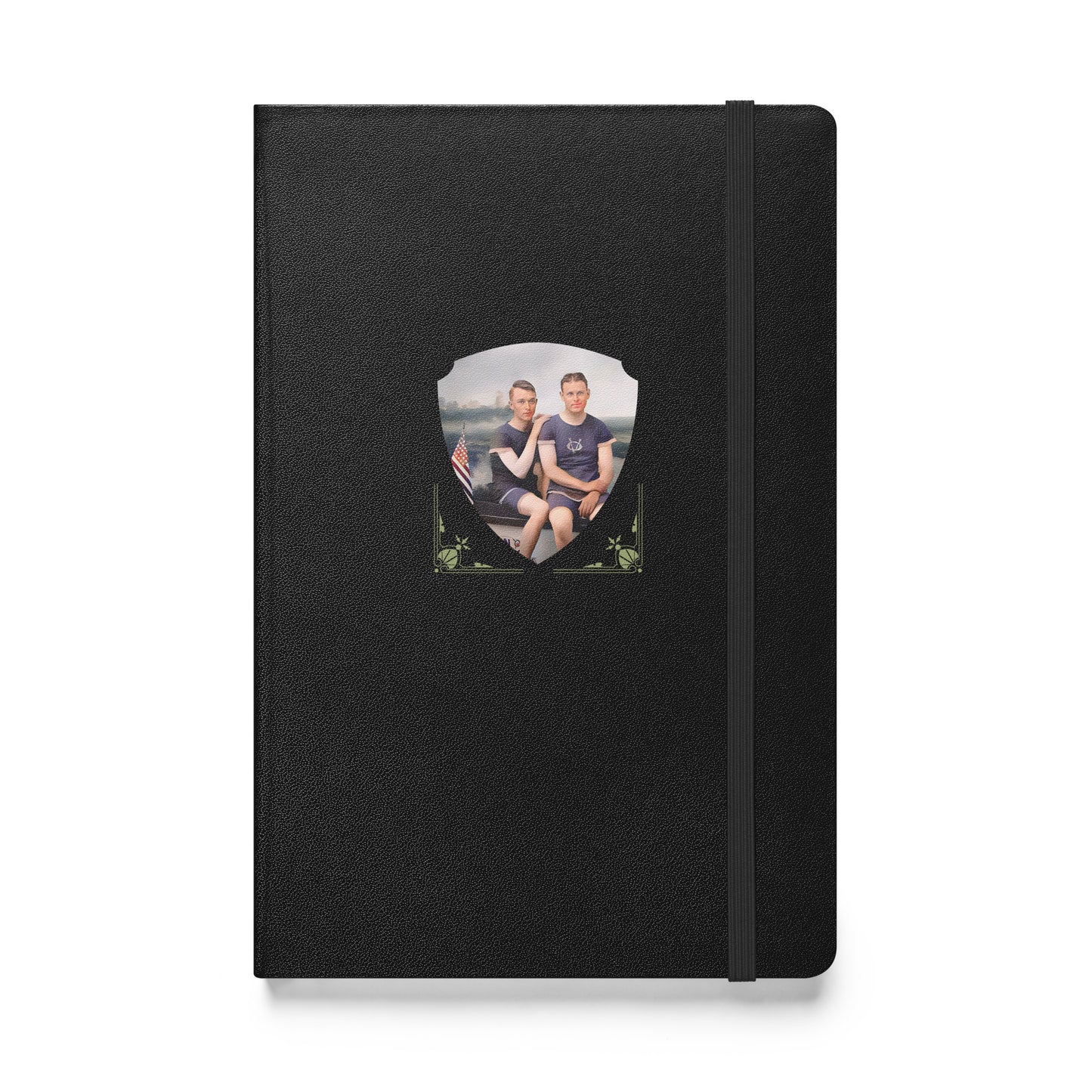 Black hardcover journal featuring a vintage photo of two men seated by a lake with an American flag.