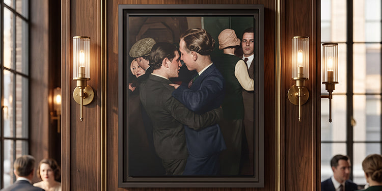 Ballroom Embrace restored vintage photograph showing two men dancing together in an early twentieth-century ballroom, available as a framed canvas from Walt & Pete®.