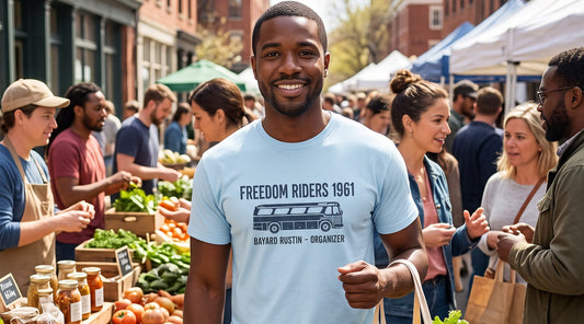 Light blue Bayard Rustin Freedom Riders 1961 T-shirt featuring a vintage bus graphic and tribute to the civil rights organizer.