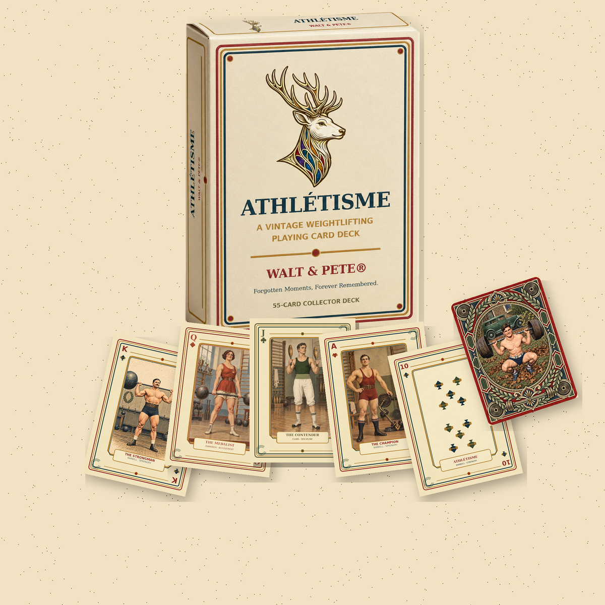 Athlétisme vintage weightlifting playing-card deck with tuck box, illustrated card back, and five face cards displayed on an aged-cream background.