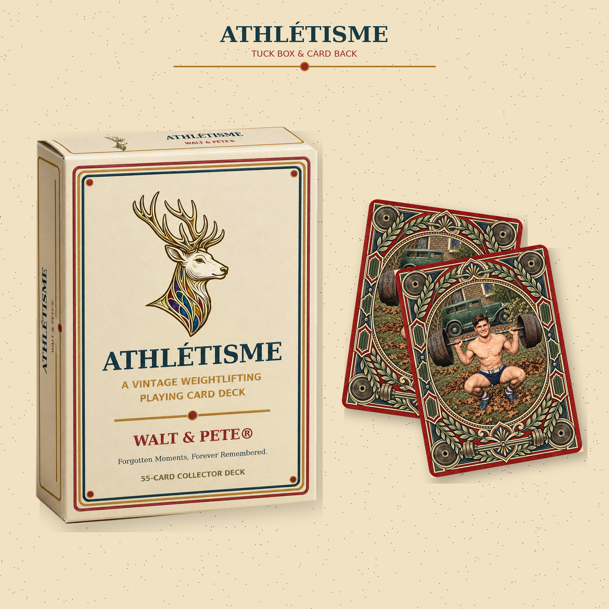 Athlétisme weightlifting playing-card tuck box beside two ornate card backs featuring a vintage athlete performing an outdoor barbell squat.