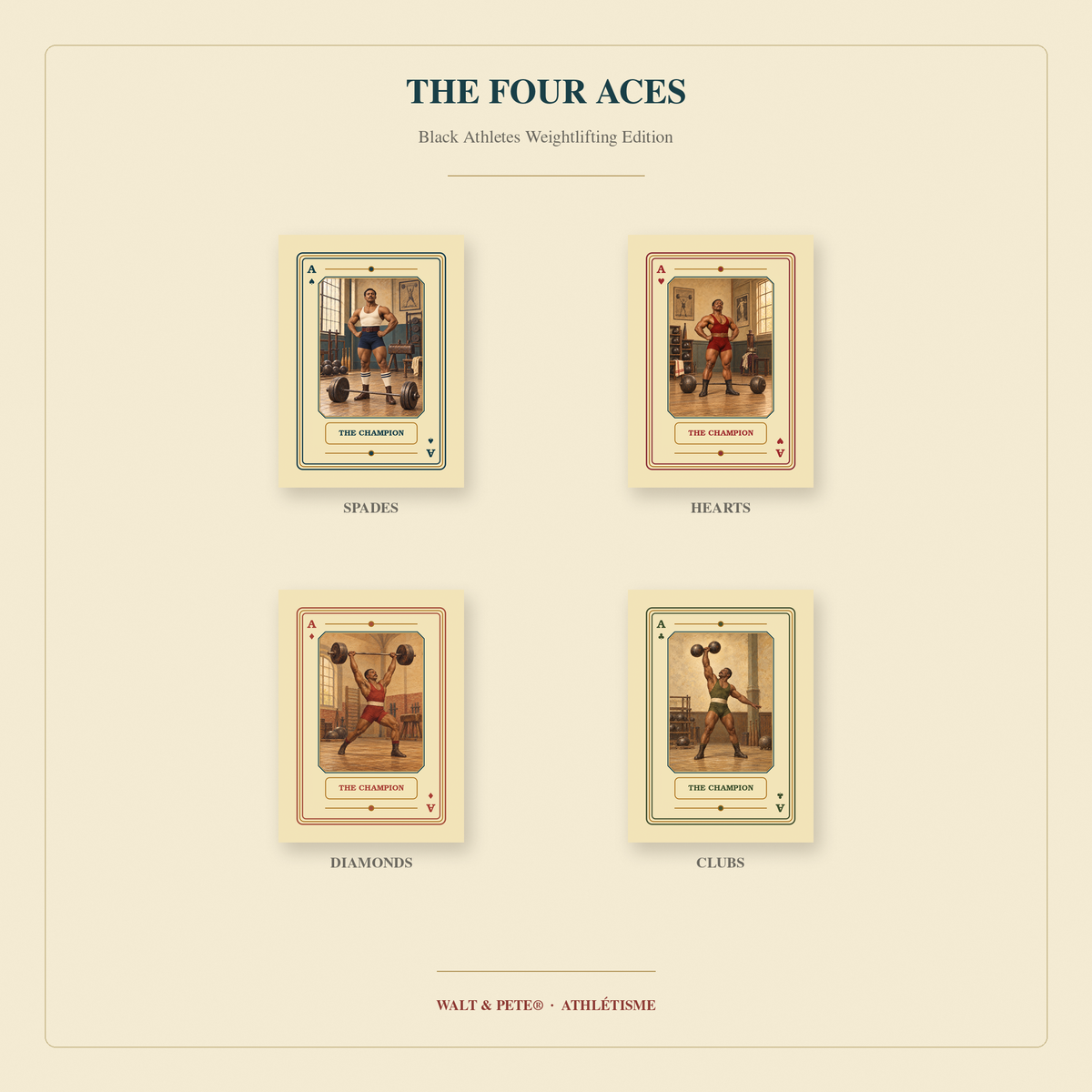 Four Athlétisme Aces titled The Champion, featuring Black weightlifters across Spades, Hearts, Diamonds, and Clubs.