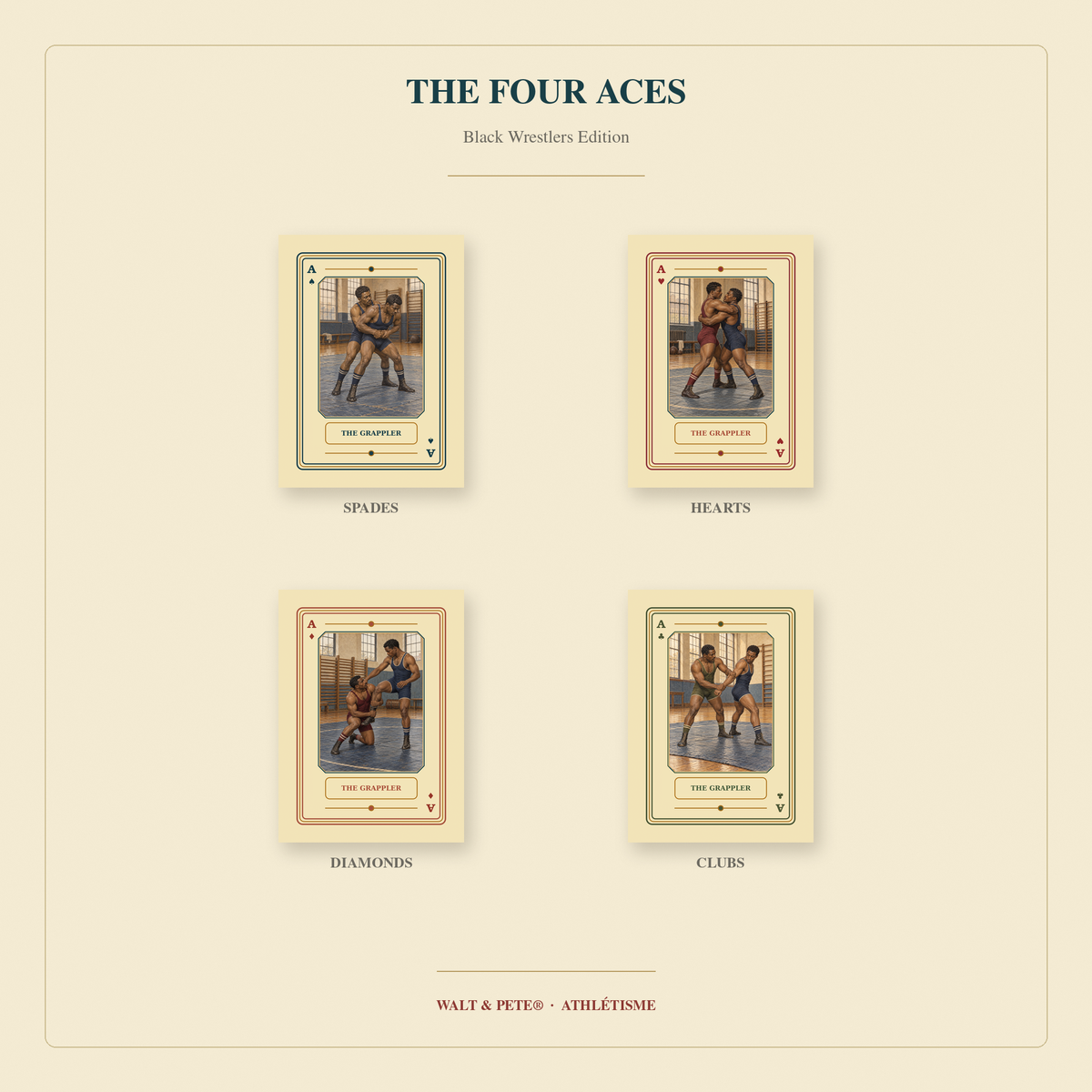 Four Aces titled The Grappler, showing Black wrestlers in distinct holds across Spades, Hearts, Diamonds, and Clubs.