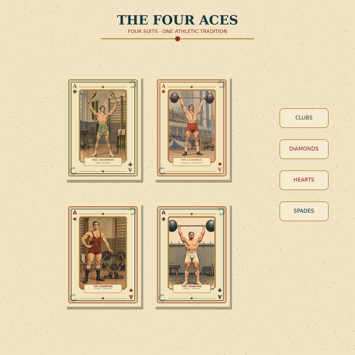 Four Athlétisme aces representing clubs, diamonds, hearts, and spades with vintage weightlifting illustrations and custom athletic suit symbols.