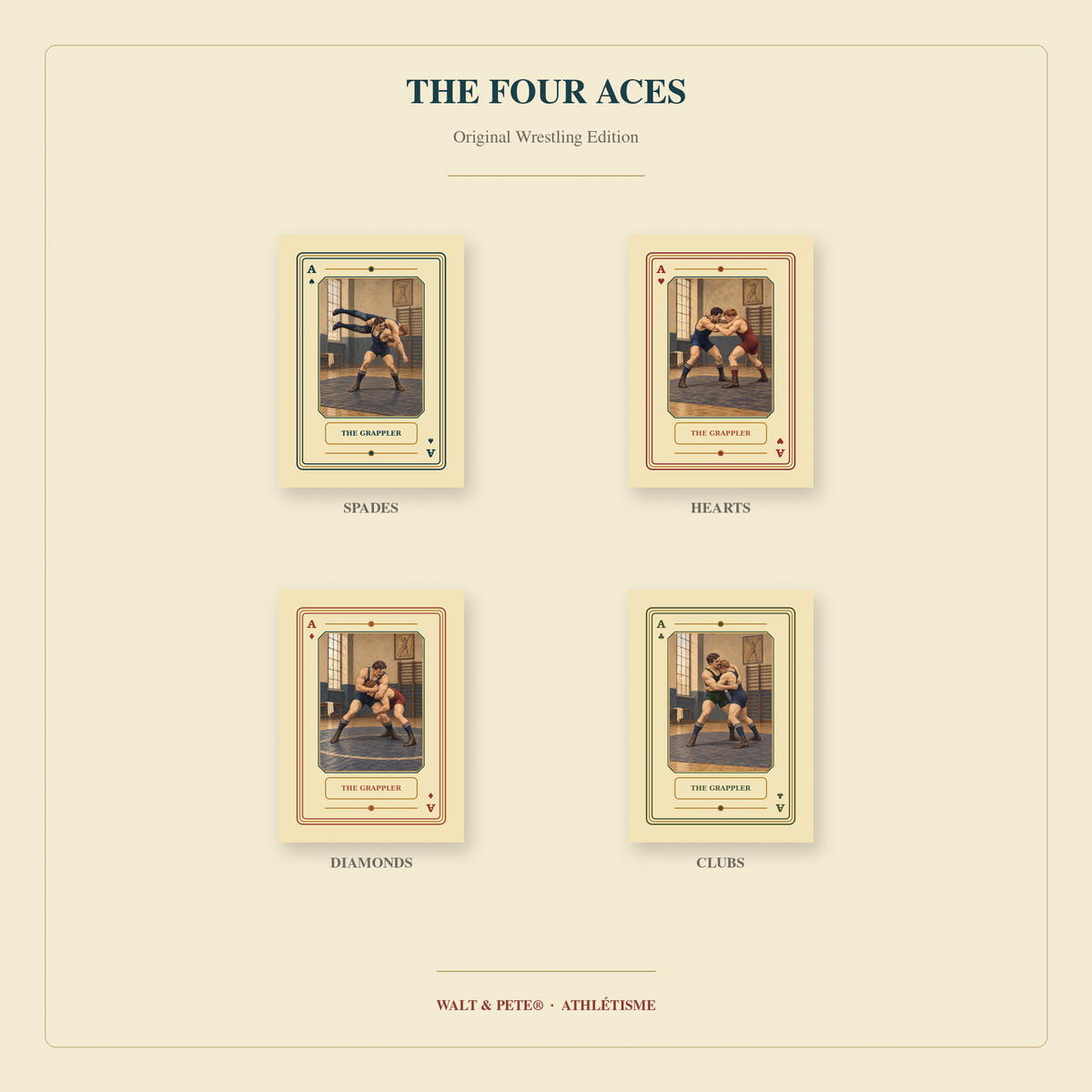 Four wrestling Aces titled The Grappler, arranged by Spades, Hearts, Diamonds, and Clubs with illustrated wrestling holds.