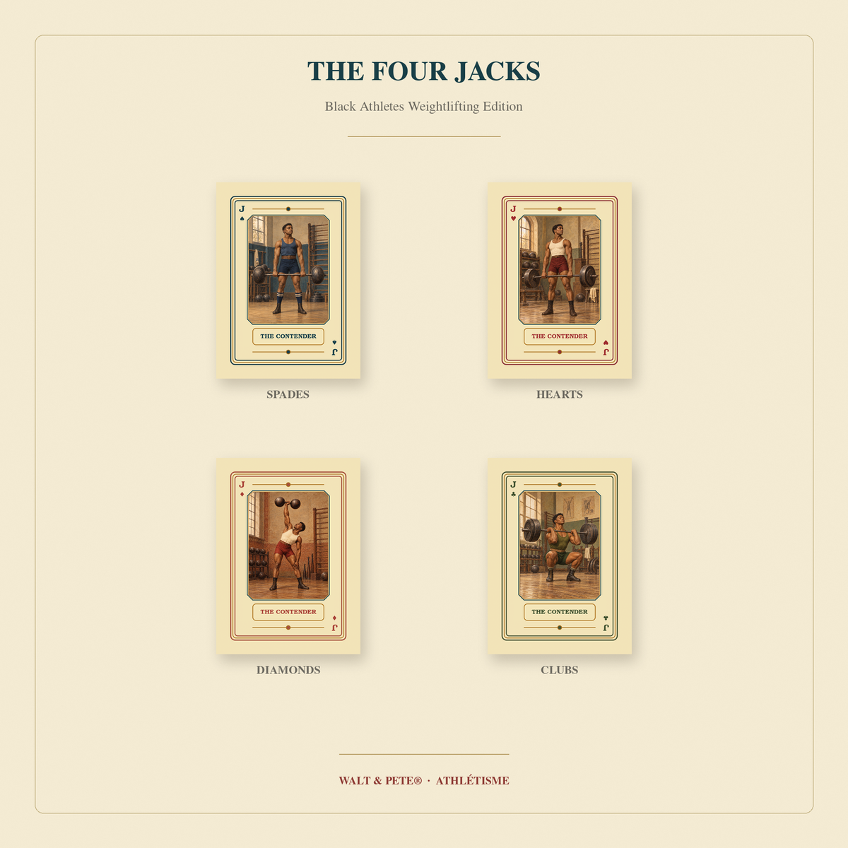 Four Athlétisme Jacks titled The Contender, showing Black athletes with weights in vintage-inspired gym interiors.