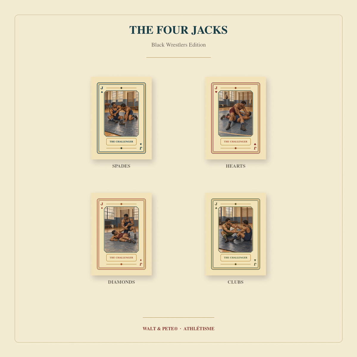 Four Jacks titled The Challenger, featuring Black wrestlers in illustrated grappling and training scenes.