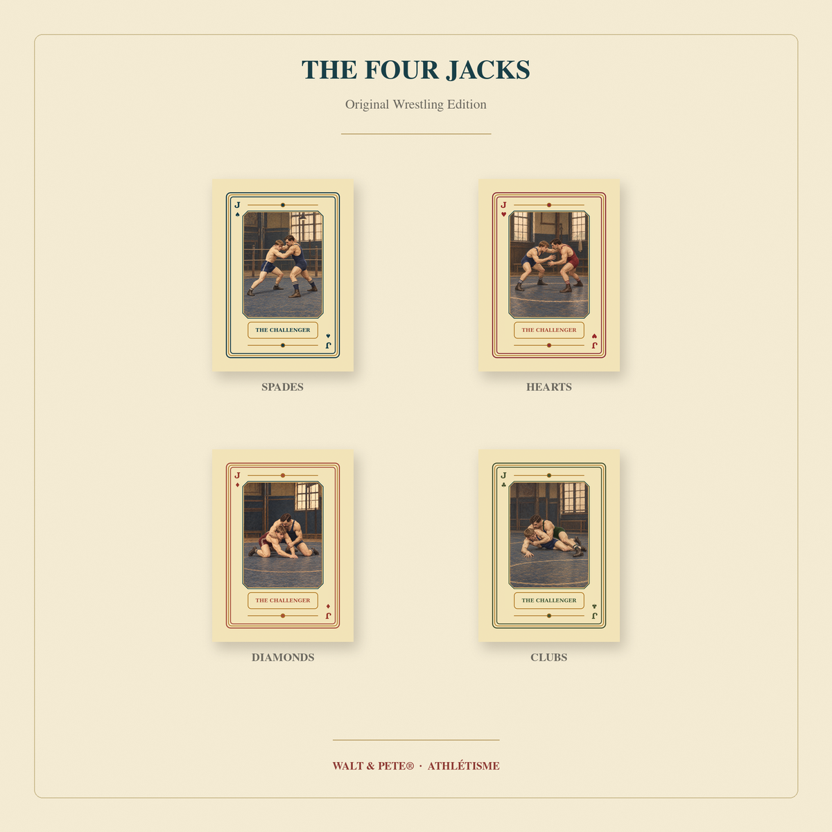 Four wrestling Jacks titled The Challenger, showing pairs of athletes grappling in vintage-inspired gym scenes.