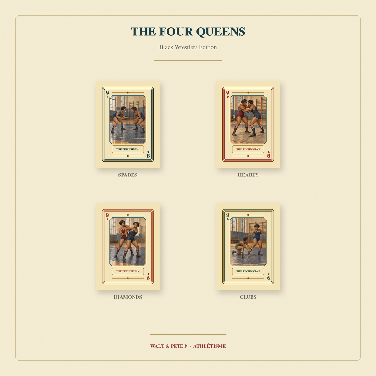 Four Queens titled The Technician, featuring Black women wrestlers in distinct vintage-inspired sporting scenes.