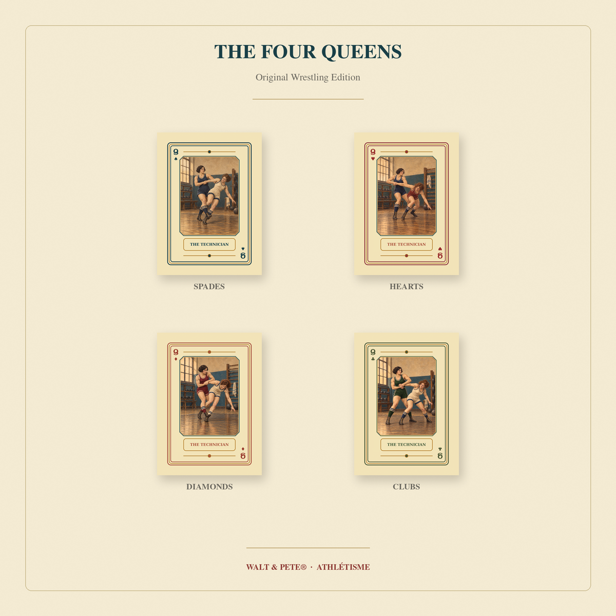 Four wrestling Queens titled The Technician, featuring women competitors in illustrated grappling poses.