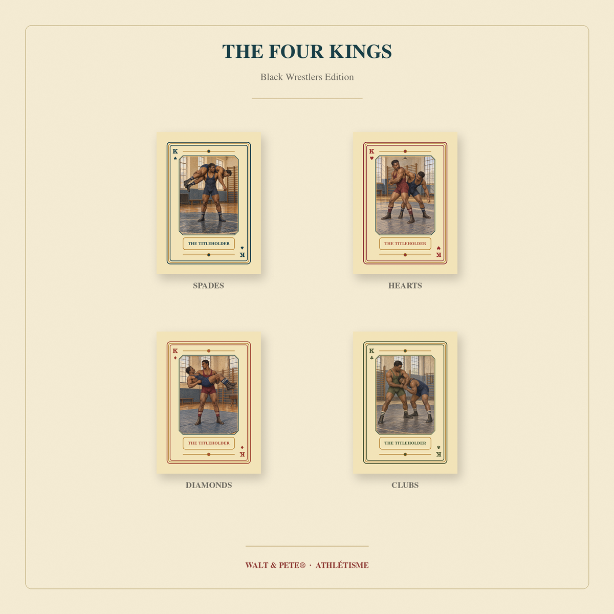 Four Kings titled The Titleholder, showing Black wrestlers demonstrating varied holds in illustrated gyms.