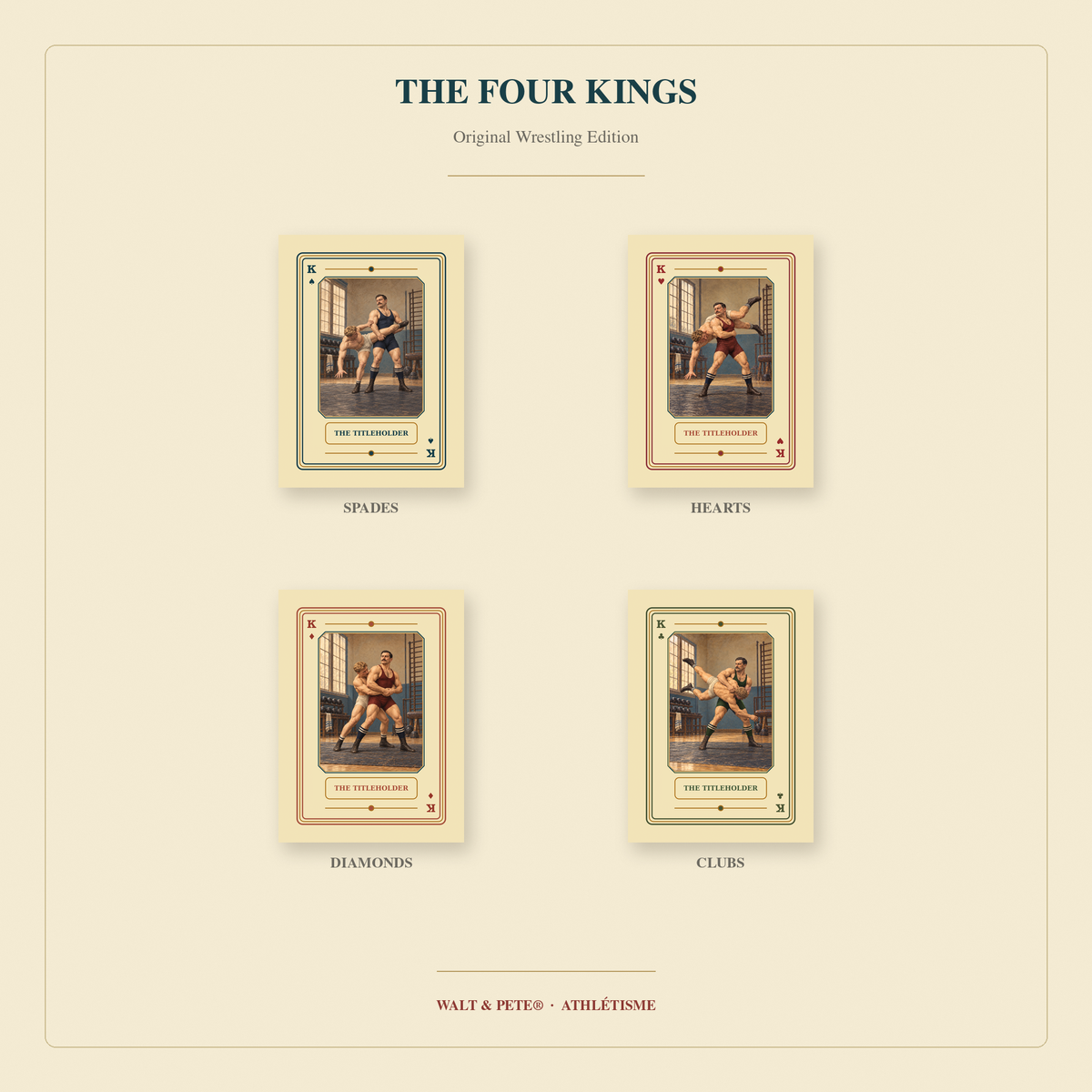 Four wrestling Kings titled The Titleholder, featuring pairs of athletes demonstrating holds in period-inspired gyms.