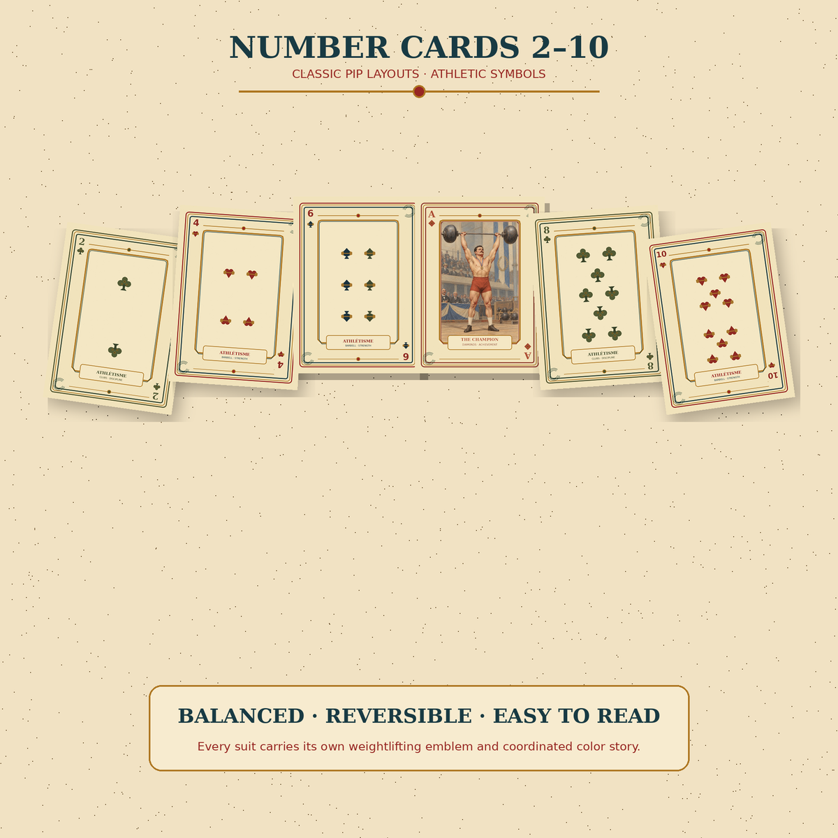 Athlétisme number cards from two through ten featuring custom Indian-club, barbell, medal, heart, and spade athletic symbols.